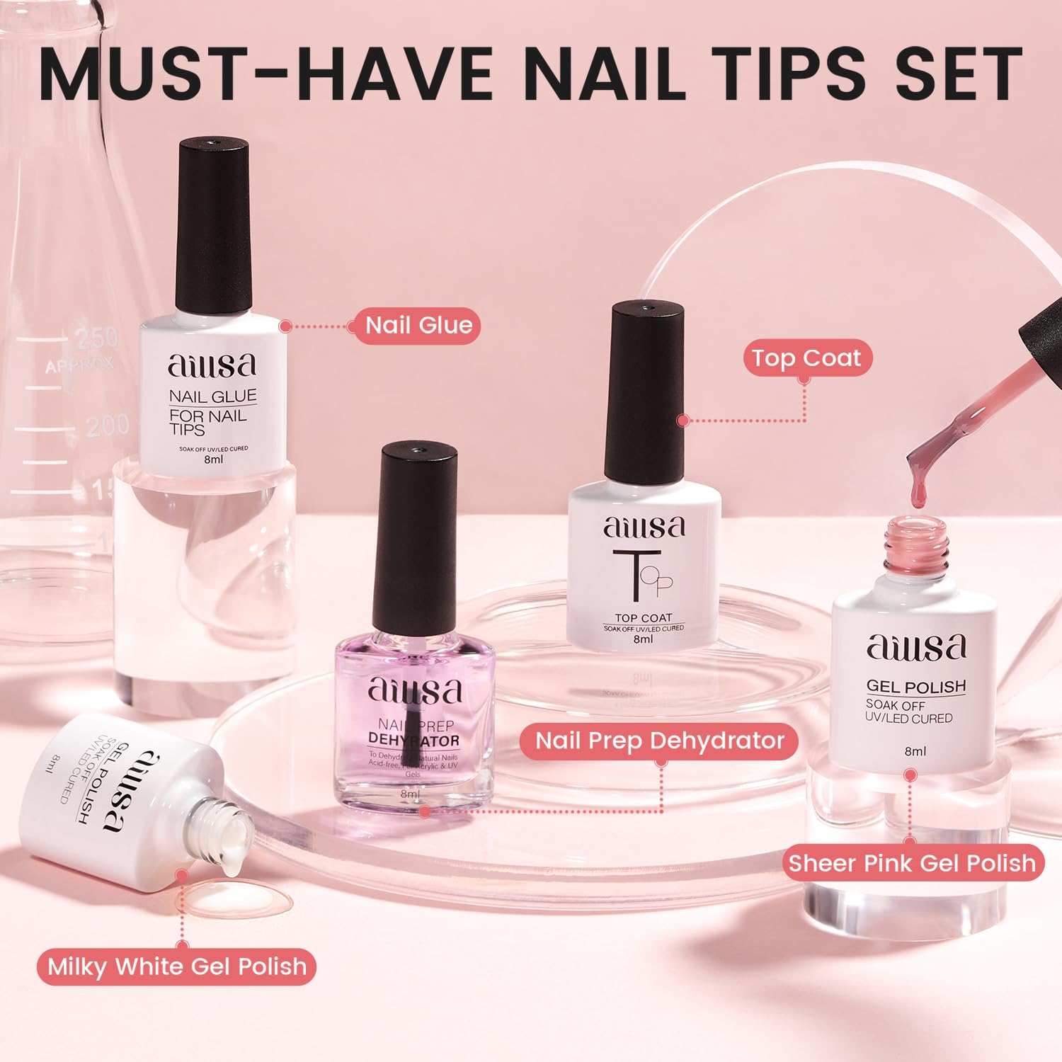 AILLSA Nail Extension Kit Short Almond Nail Tips 240pcs with 2 In 1 Nail Glue Base Coat and Nail Dehydrator, Gel Nail Tips Kit with Nail Lamp Top Coat for Starters Home Salon