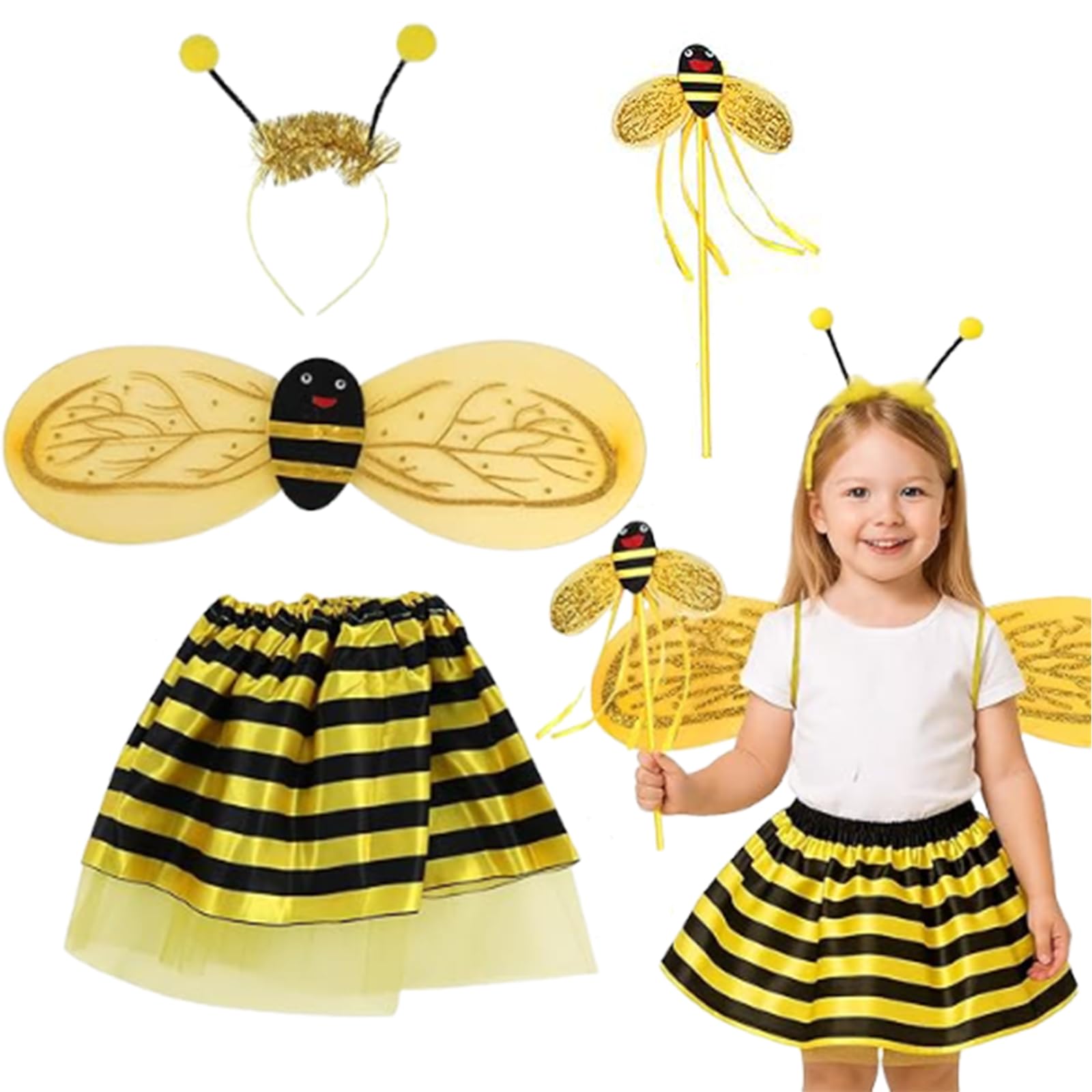 ToqoGeri 4 PCS Bee Costume Kids, Bee Costume with Wings, Headband, Magic Wand and Skirts, Bumble Bee Costume Suitable for Carnivals, Christmas Parties, Halloween, Role-Playing Events