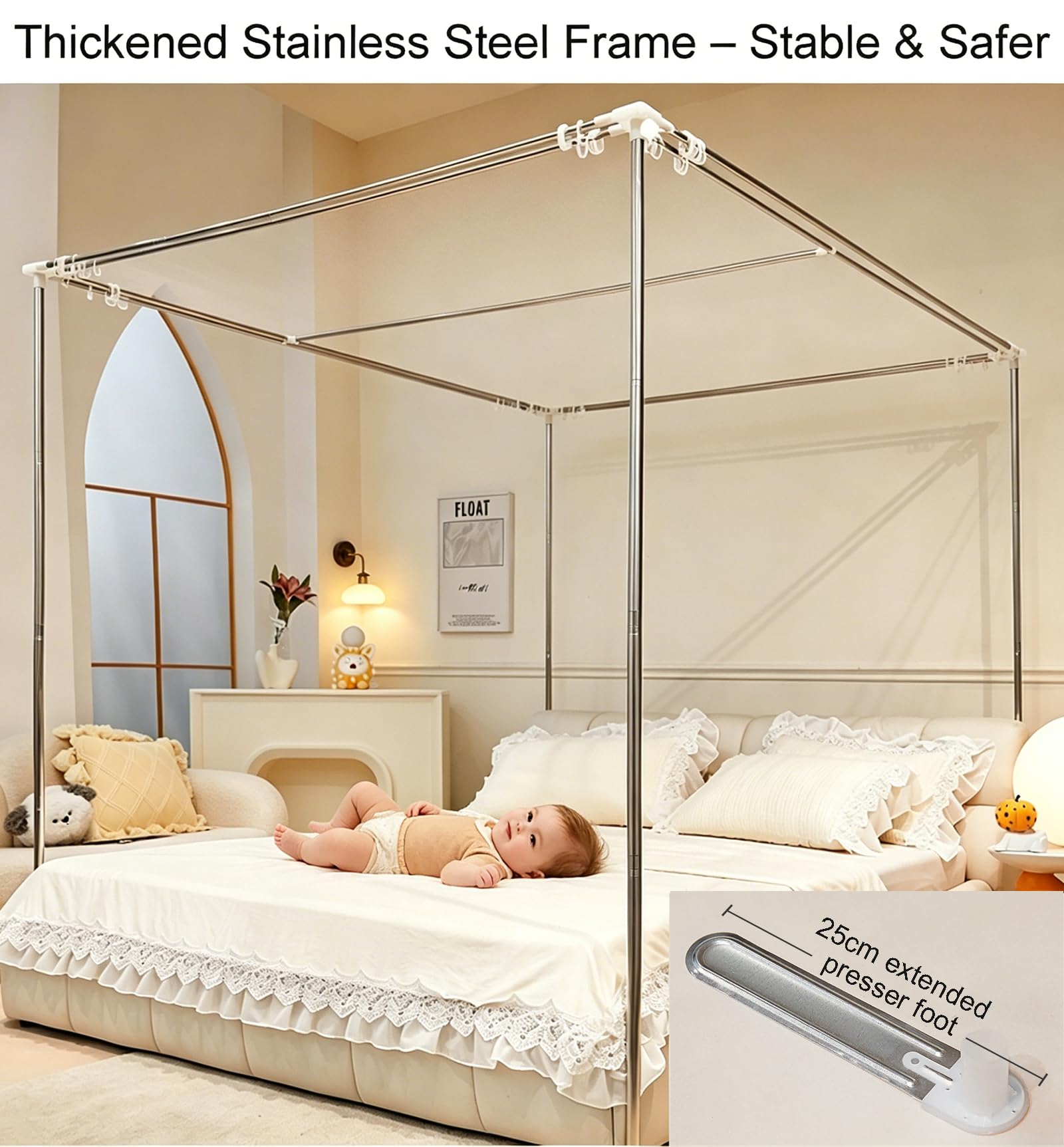 Himmelbett mit 4-Pfosten-Design und Gestell • Prinzessinnen-Moskitonetz für Mädchenzimmer, doppellagiger Himmel mit Vorhängen, passend für Doppel-/Kingsize-/Super-Kingsize-Betten (Größe: 1,5