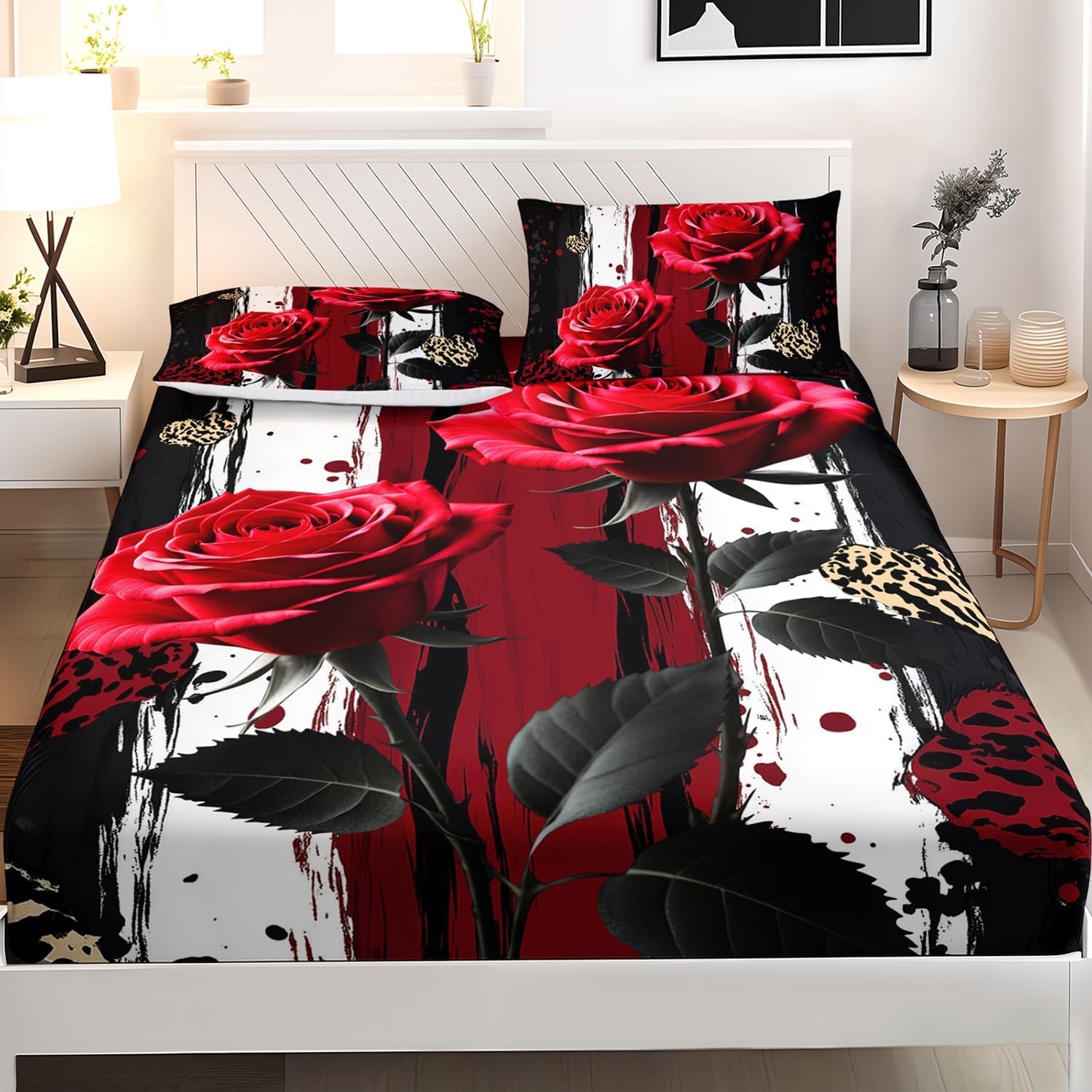 AILONEN Red Rose Fitted Sheet Set Queen Size,Romantic Flower Bedding Black and White Stripe Themed Fitted Sheet with 2 Pillowcases,3 Pieces Soft Sheet Set