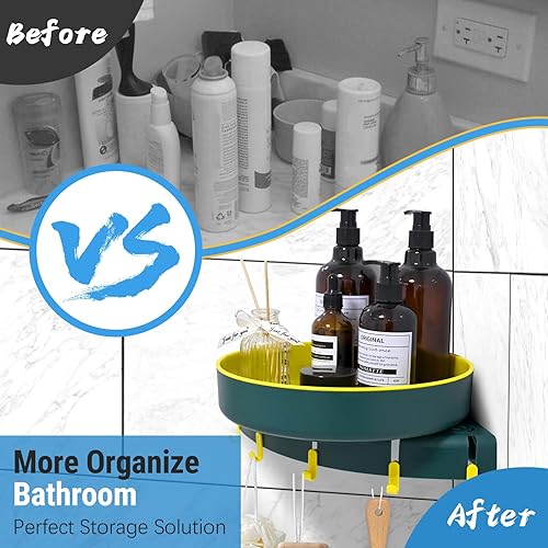 Miniatura 3 de Organizador esquinero de ducha giratorio de 360, estante de almacenamiento de ducha interior de plástico sin perforaciones, 5 ganchos para baño,