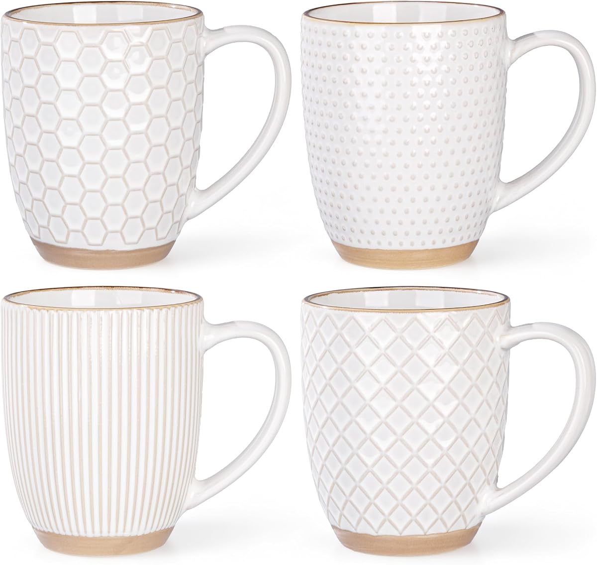 GBhome Large Coffee Mugs Set of 4, 16oz Handmade Embossed Coffee Mugs Set | 4 Assorted Designs,Large Handle for Cappuccino/Latte/Tea/Hot Cocoa,Dishwasher & Microwave Safe, Off White