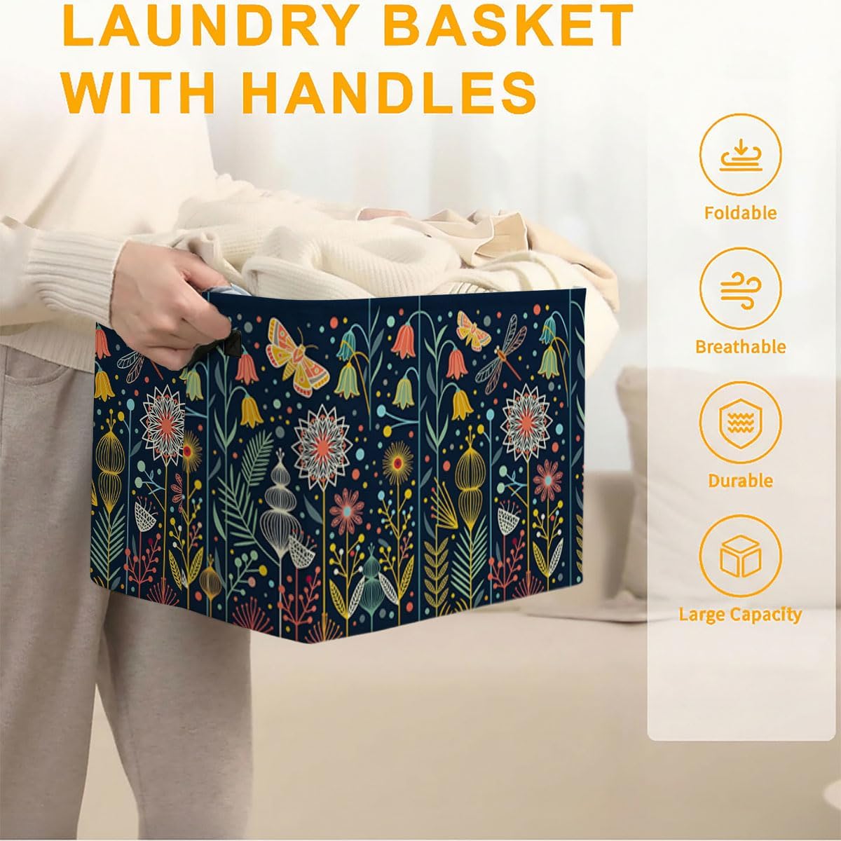 Whimsical Folk Art Laundry Hamper, 56L Large Foldable Laundry Basket with Handles, for Family Clothes, Toy Storage Bin, Blankets,Decorative Organizer for Shelves & Closet Home Decor Bedroom & Nursery image 3