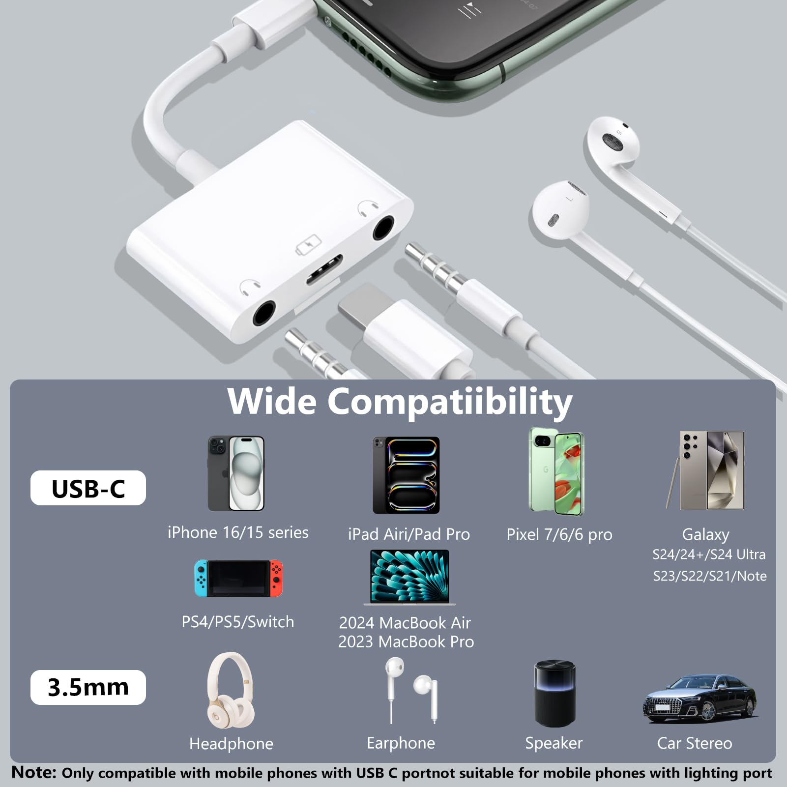 DICKMITH USB C to Dual 3.5mm Audio Headphone and Charger Adapter,3 in 1 Aux to Type C Headphone Splitter Jack Dongle Cable Cord with PD Fast Charging Compatible with iPhone 16,Galaxy S21 Note 20 etc