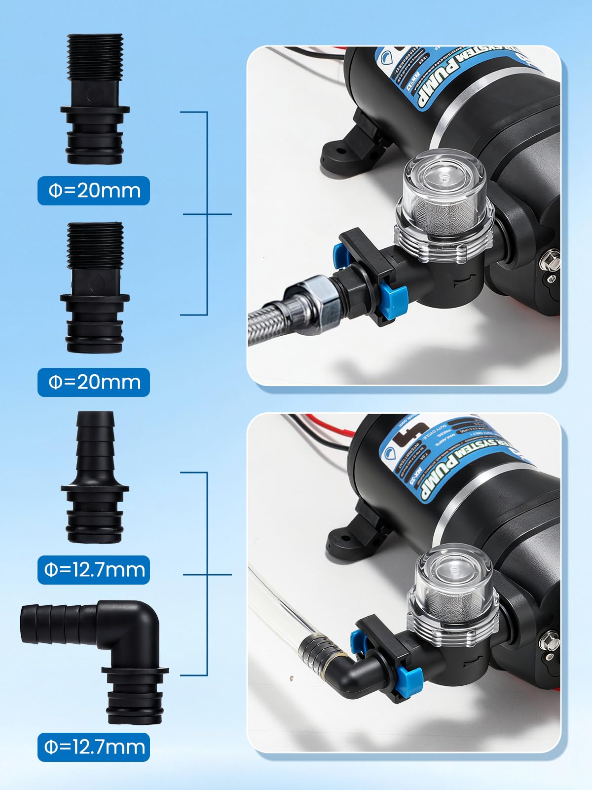Mxmoonant 12V DC Pompe à eau Automatique, 2.4Bar, 95W, 12.5L/Min, Auto-amorçage, Protection Contre les Surcharges, Pompe Membrane pour Caravane, Camping Car, Bateau, Lavage, Irrigation, Circulation