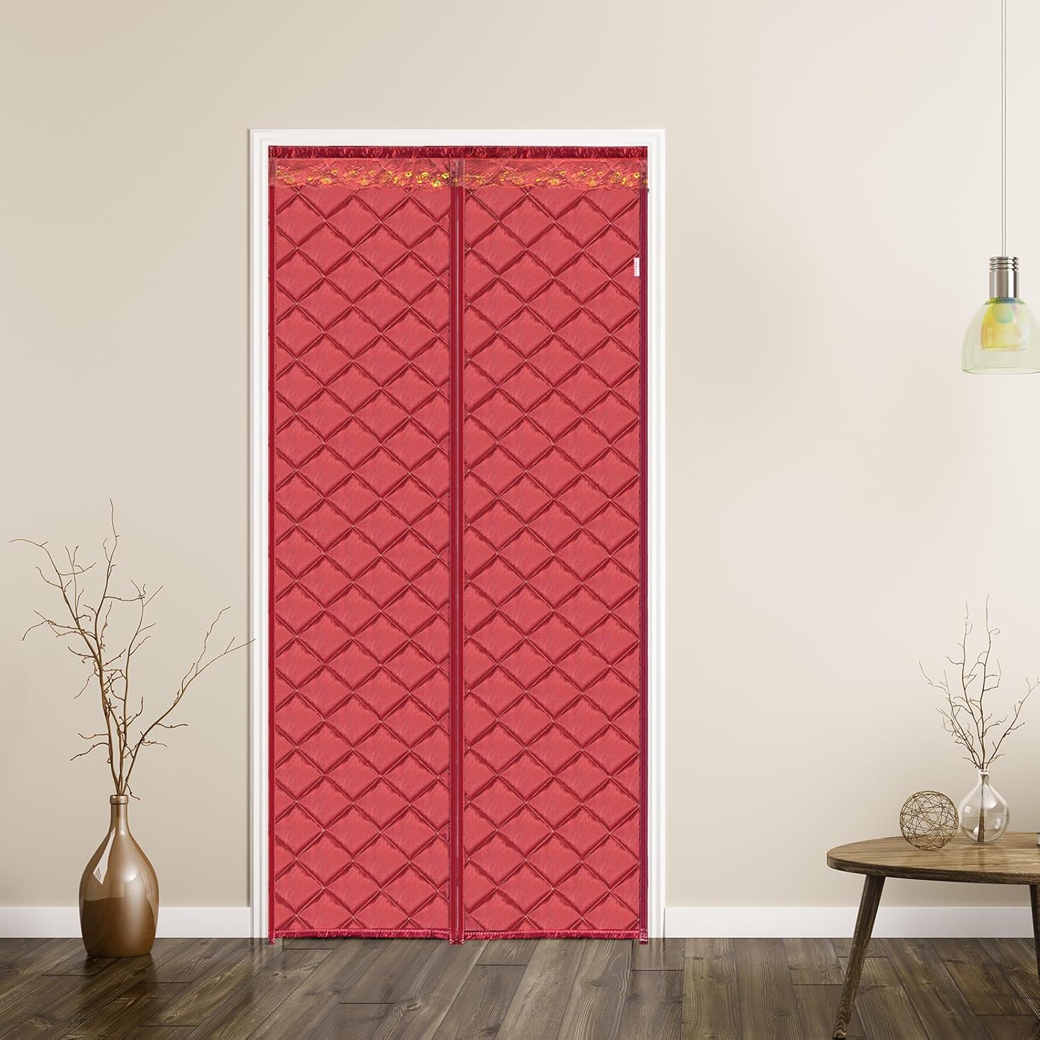 uxcell Magnetic Thermal Insulated Door Curtain, Fits 43" x 75" Door Durable Oxford Weatherproof Door Blanket to Keep Warm in Winter and Cool in Summer, Red