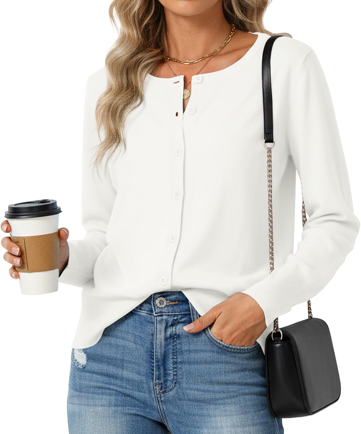 YSYOKOW Lightweight Knit Button Front Crew Neck Cardigan Sweater for Women | Long Sleeves, Soft Ribbed Trim, Essential Layering for Office AC, Business Casual, Teacher Outfits and Travel