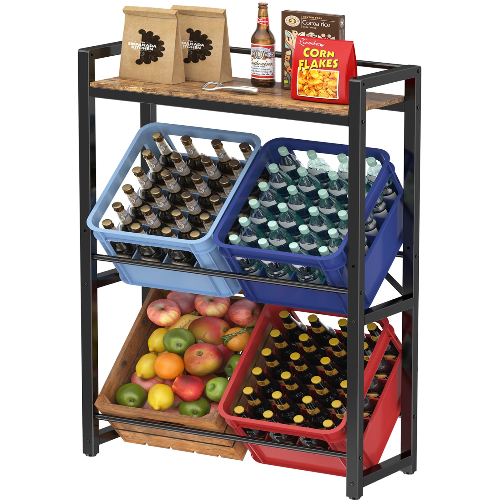 Lifewit Getränkekistenregal 4 kisten mit Ablage aus Metall, Vintage Braun | Stabil Kistenregal trag. 240 kg, Getränkeregal, Bierkisten Regal, Wasserkasten Regal für Bier Getränke Wasser Gemüse Obst bar
