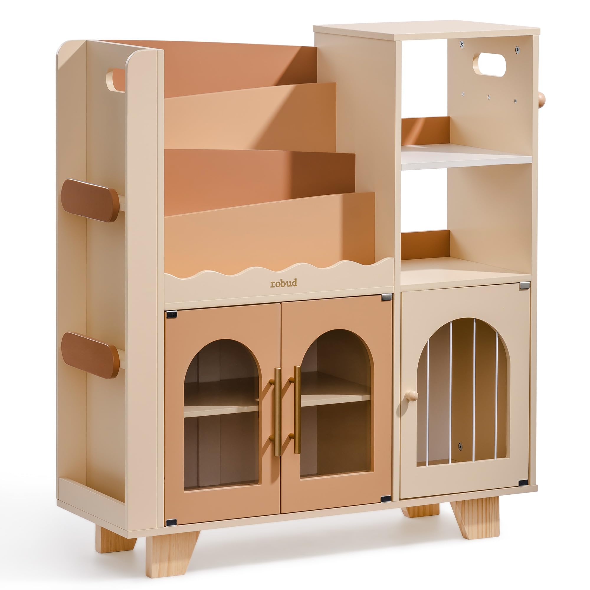 ROBUD Toy Storage Organizer, All-in-One Toy Organizers and Storage, Kids Wooden Bookshelf with 6 Storage compartments, Toy Chest Shelf Organizer for Playroom Bedroom, Caramel