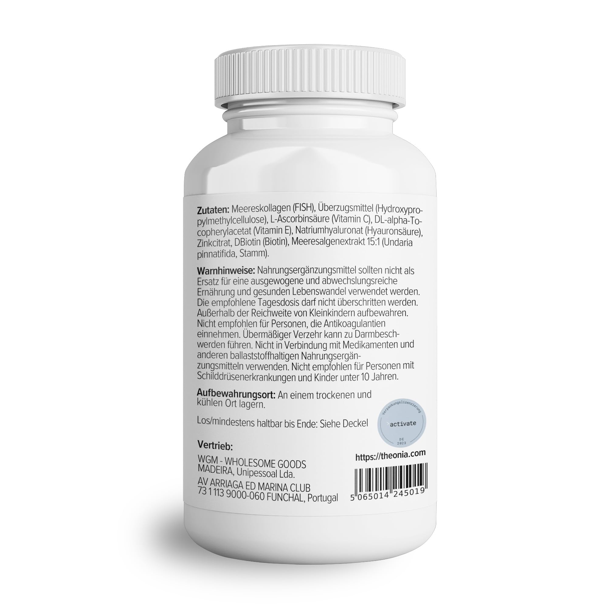 Theonia Kollagen Complex Hyaluronsäure & Seetang, Vitamin E, C, Biotin – Gesunde Nägel, Haut, Haare, Gelenke, Stoffwechsel - Typ 1 Meereskollagen – frei von Gentechnik, 180 Kapseln