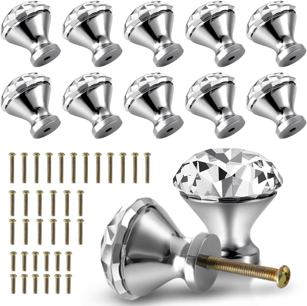 30mm Kitchen Cabinet Knobs Drawer Pull Handle Hardware, Crystal Clear Glass Round Diamond Shape Dresser Closet Bi-fold Door Bathroom Cupboard Desk Nightstand Furniture Decorative Drawer Knobs （12PCS）