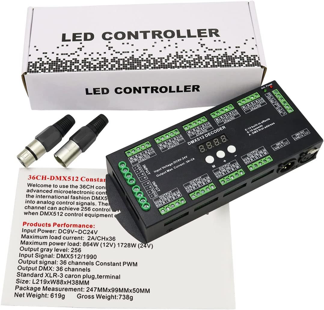 AKEPO 36CH DMX RGBW LED Digital Display Decoder, DMX512 Controller for RGBW LED Lights DC9-24V 2A/CH with 14 Built-in Effects(36 Channel with Display)