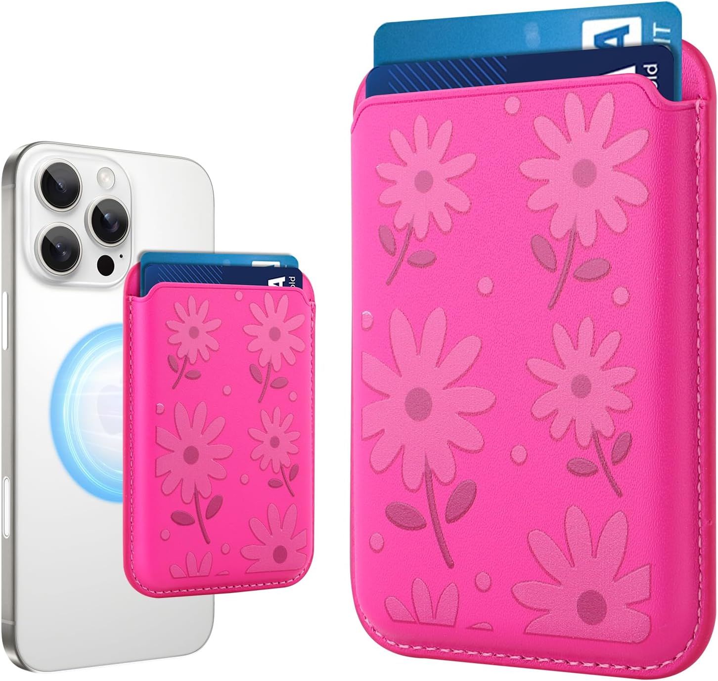 MOWIME Compatible with MagSafe Wallet, Cute Daisy Floral Pattern for Women Girls, Stronger Magnetic Card Holder Phone Wallet for iPhone 16/15/14/13/12 Series, Fit 2 Cards, Hot Pink