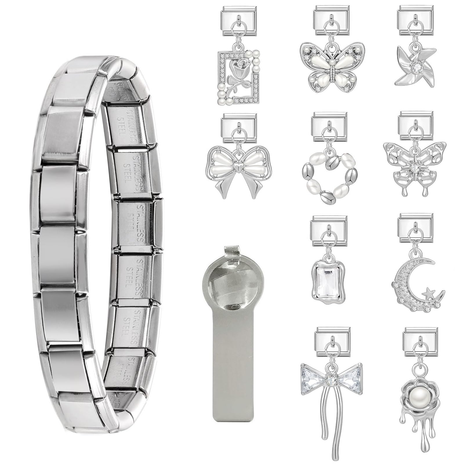 papasgixItalian Charm Bracelet Gold Silver Set with Starter Brascelet, Assorted Charms and Opening Tools, 9mm Modular Italian Charm Bracelet Links Handmade DIY Jewelry Gifts Pendant(Silver Silver)