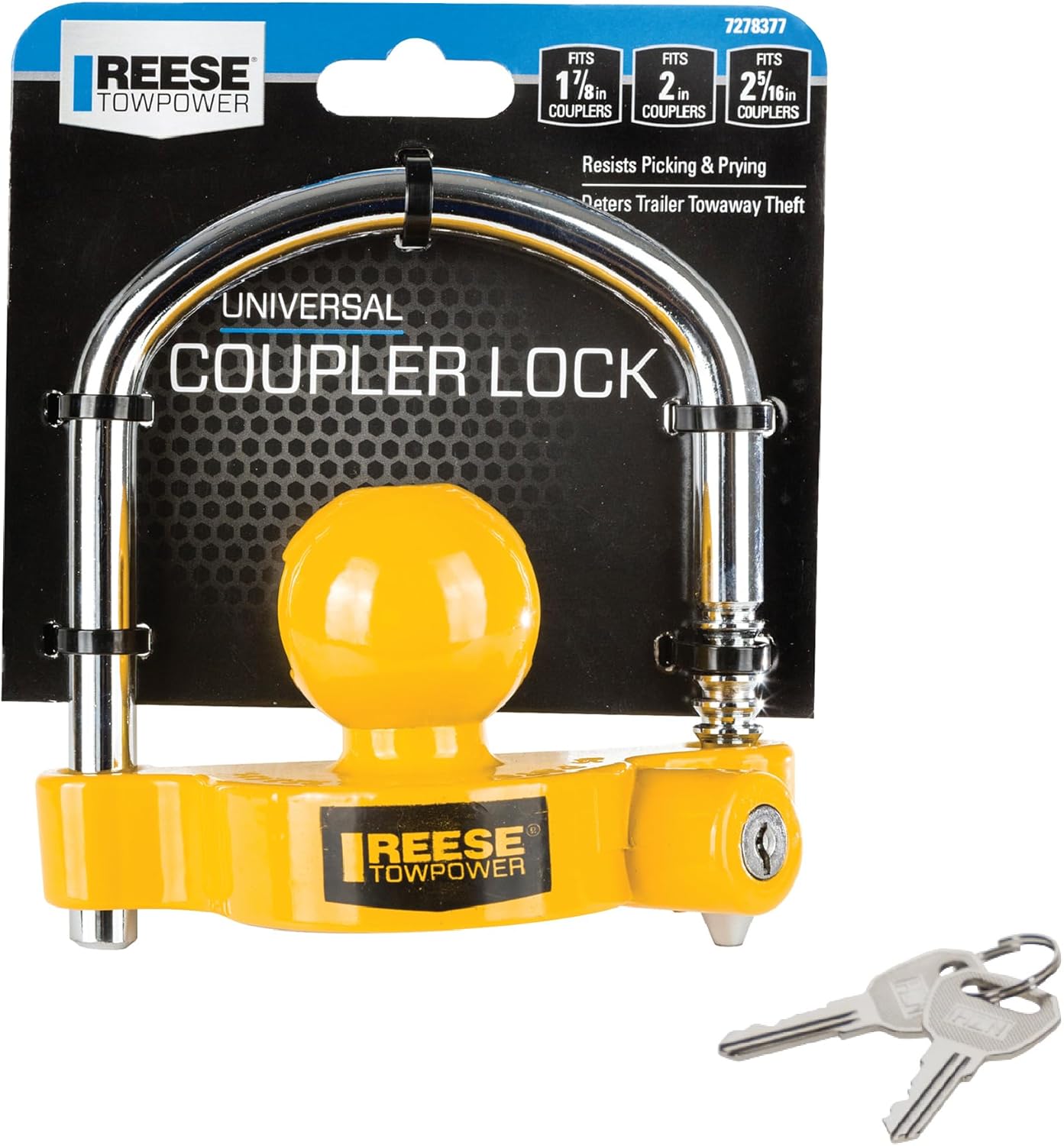 REESE Towpower 72783 Coupler Lock, Adjustable Storage Security, Heavy-Duty Steel, Yellow and Chrome ( Universal Fit)