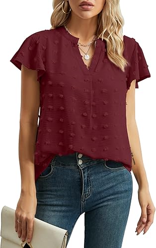 YSYOKOW Womens Summer Tops Casual V Neck T Shirts Ruffle Short Sleeve Blouses Dressy Loose Fit Tunic