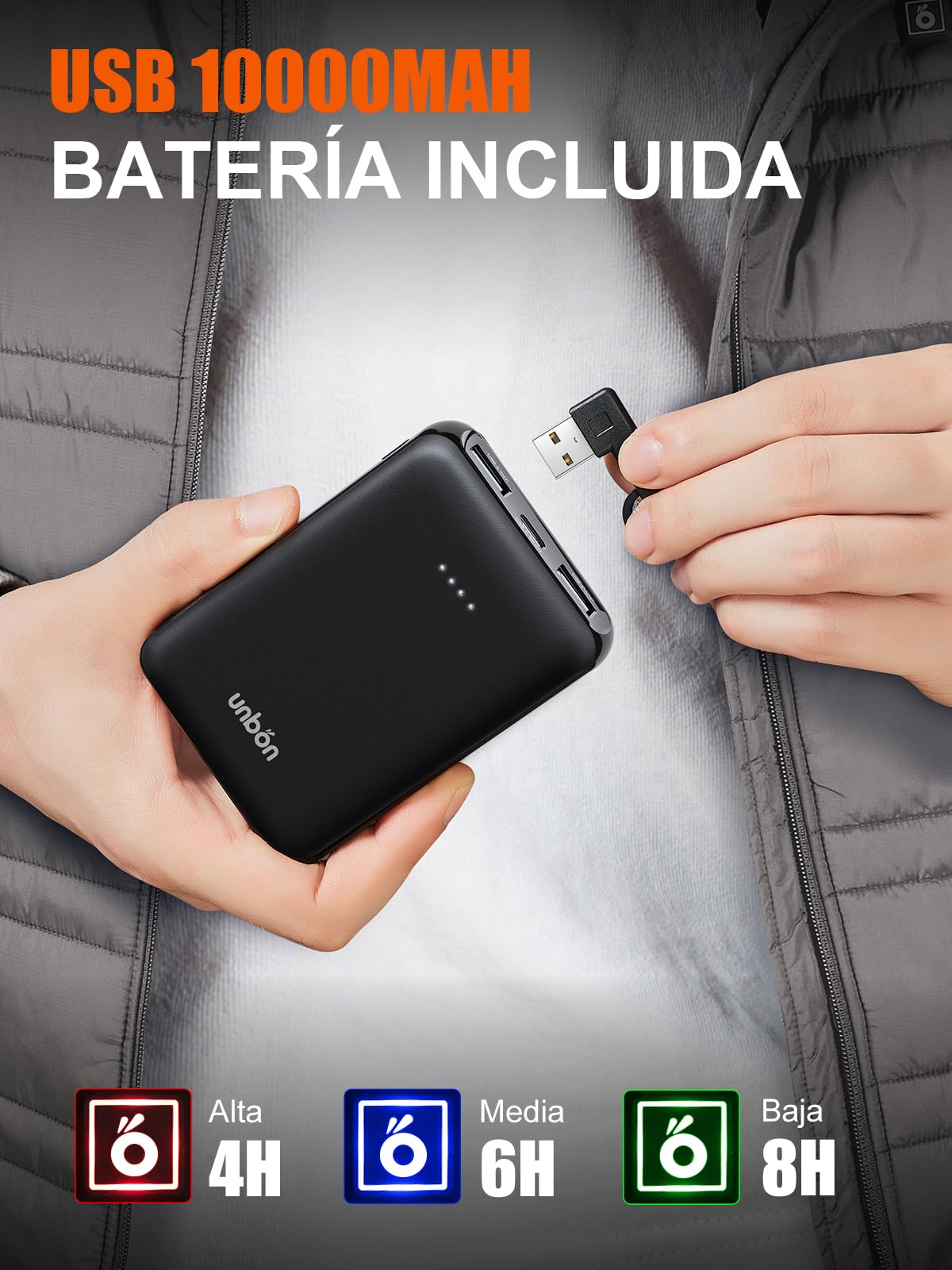 UNBON Chaleco Calefactable Hombre con Batería USB 10000mAh, Chaleco Térmico Eléctrico Calefactor Hombre con 3 Temperaturas 6 Zonas de Calor, Chaqueta Calefactable para Moto Caza Trabajo