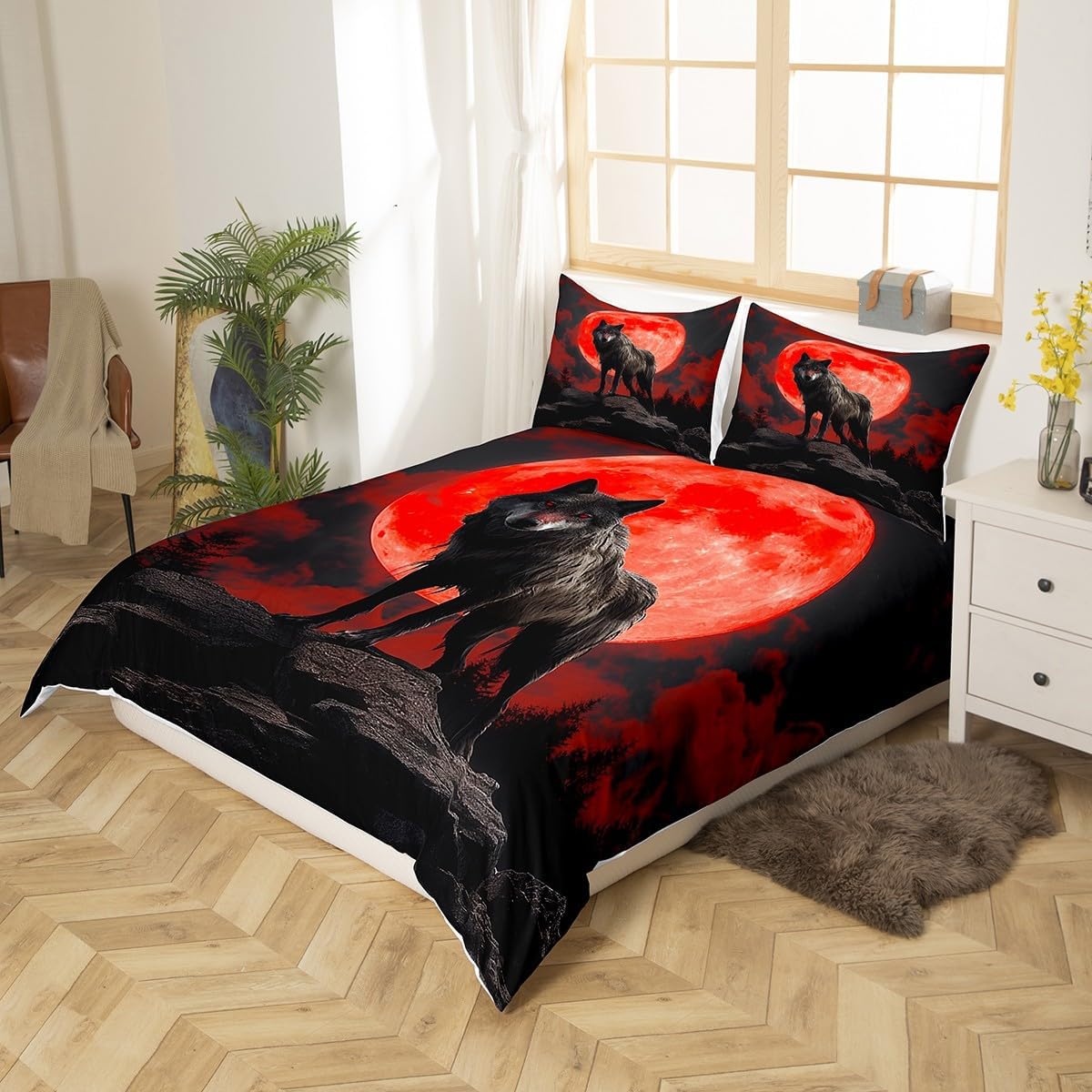 Wolf Pattern Duvet Cover Queen Size,Red Moon Comforter Cover with 2 Pillowcase for Teens Adults,Kids Wild Animals Bedding Set,Wolf Eyes Breathable 3 Pcs Decorative Bed Cover(No Comforter)