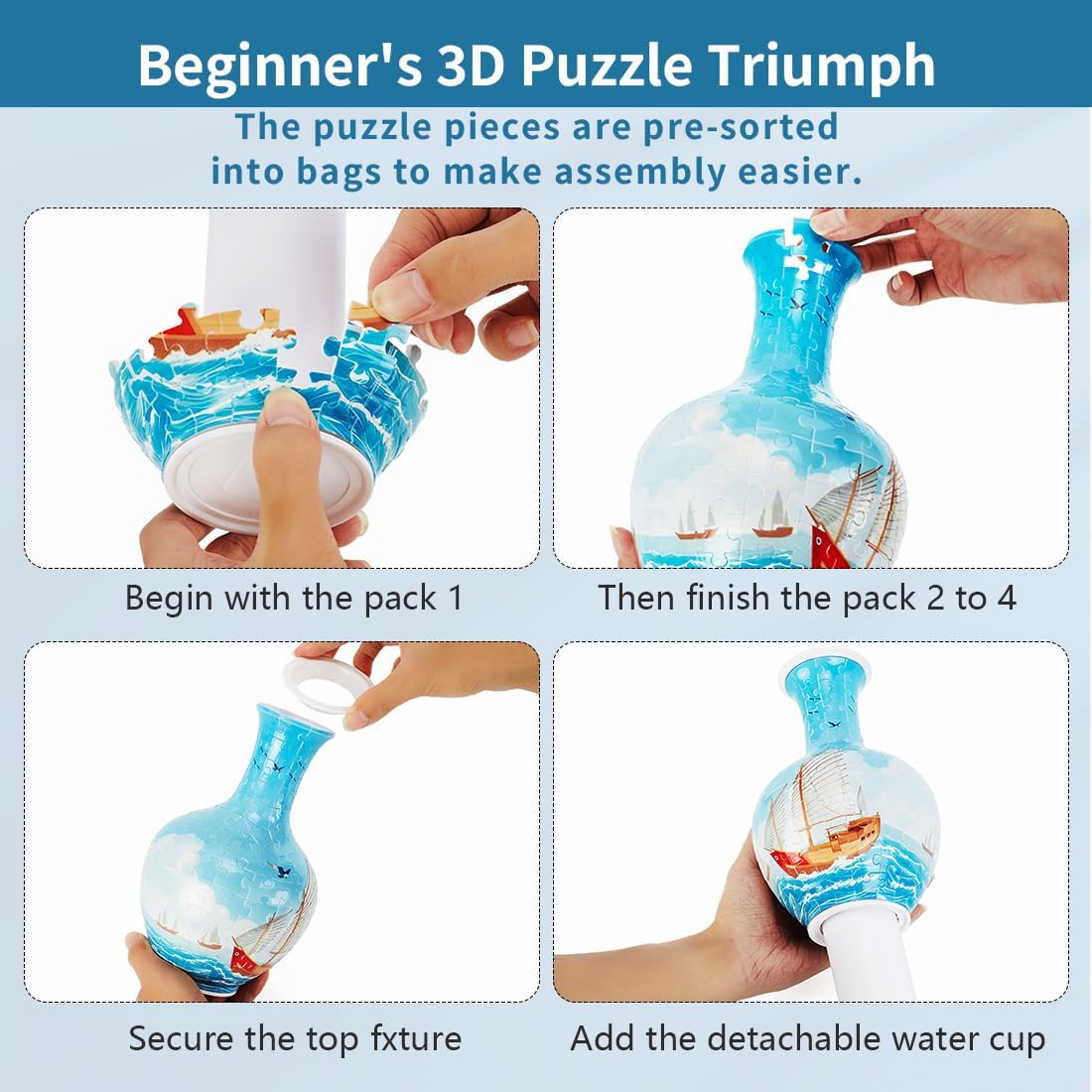3D Puzzle Vase, Unique Gift for Adults, 164 Piece Curved Plastic Puzzle Vase for Home Decor, Ocean Ship Designed for DIY Gift, No Glue Needed, Come with a Base Stand