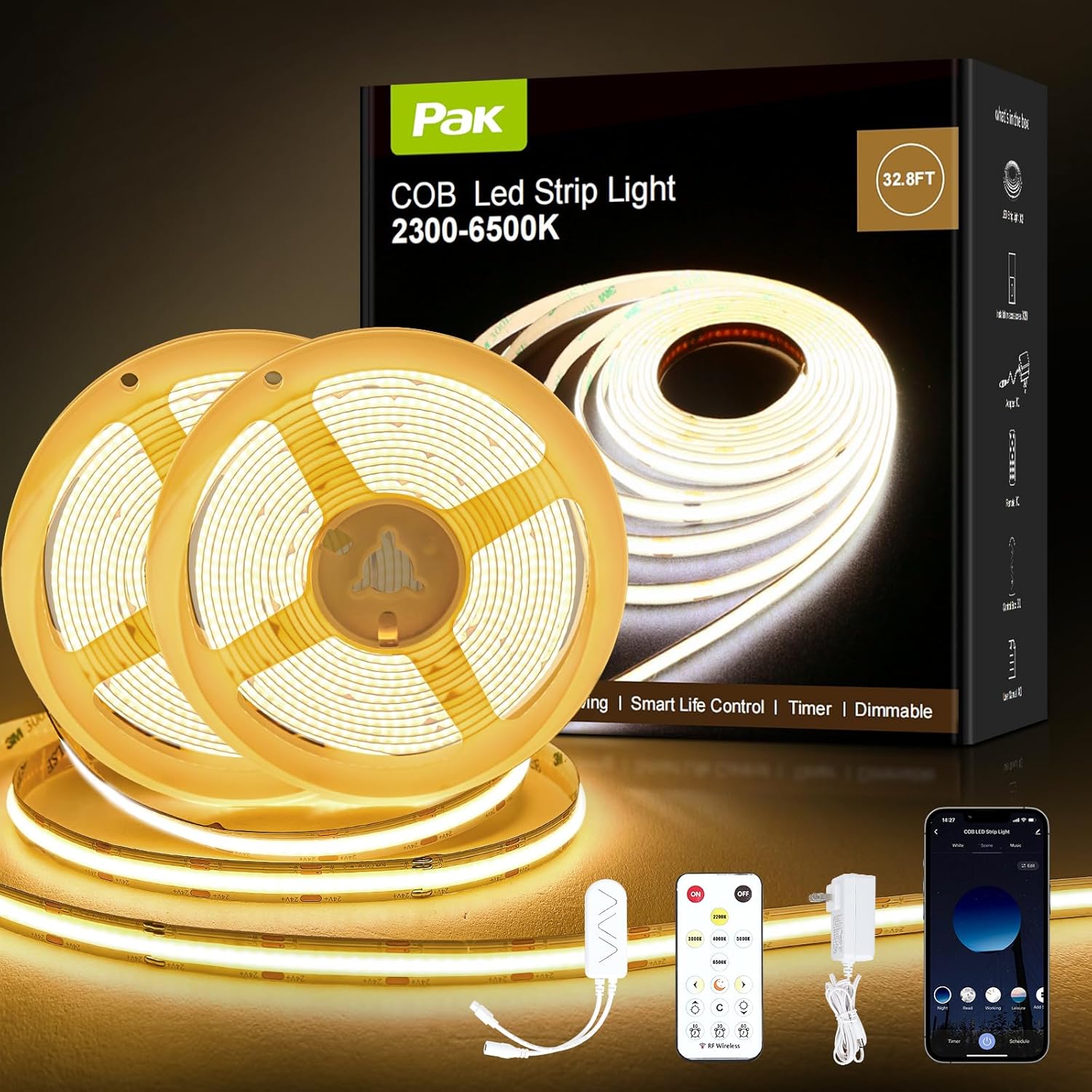 COB LED Strip Lights 32.8ft, Dimmable White CCT Tunable 2300K-6500K, DC 24V High Lumen Cuttable LED Tape Light, 6080 LED 48W CRI 90, APP Remote Control, Music Mode, For Home DIY, Living Room, Bedroom