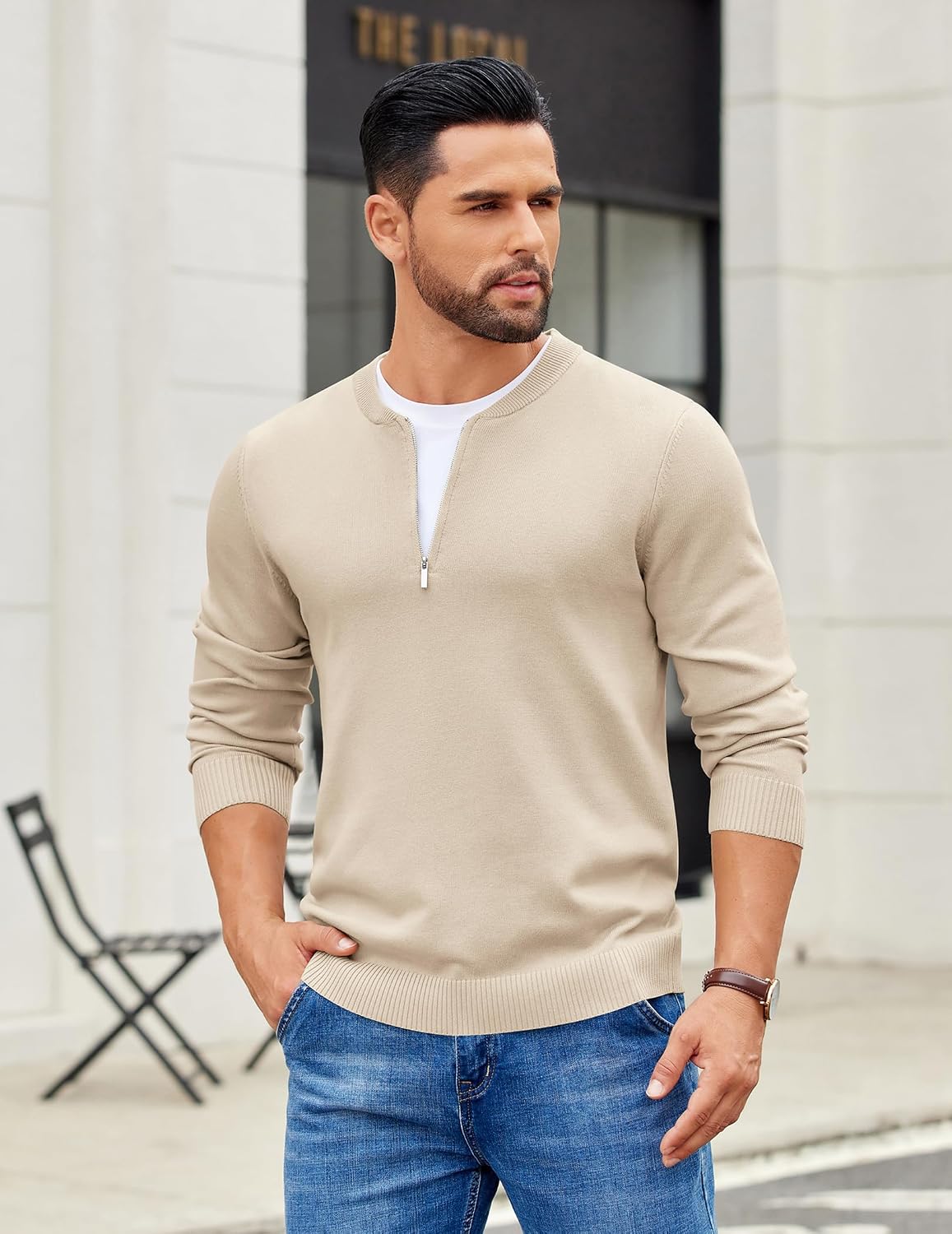 COOFANDY Men's Quarter Zip Pullover Slim Fit Dress Sweaters Lightweight Mock Neck Knit Sweater
