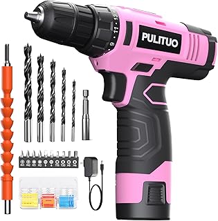 PULITUO 12V Pink Cordless Drill Set - Power Drill Kit with Battery and Charger, 3/8-Inch Keyless Chuck, Built-in LED, 21+1 Torque Setting