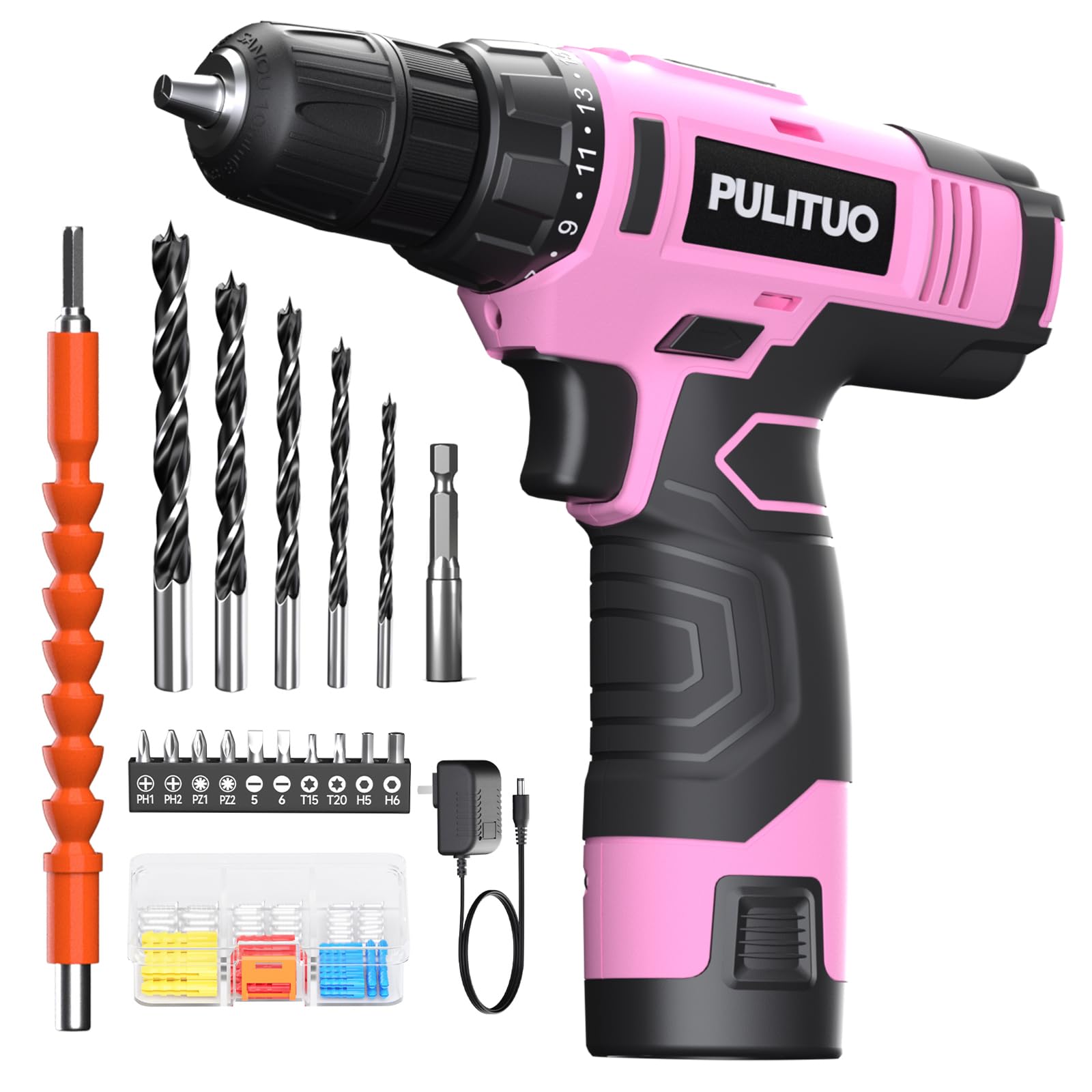 PULITUO 12V Pink Cordless Drill Set Power Drill Kit with Battery and Charger