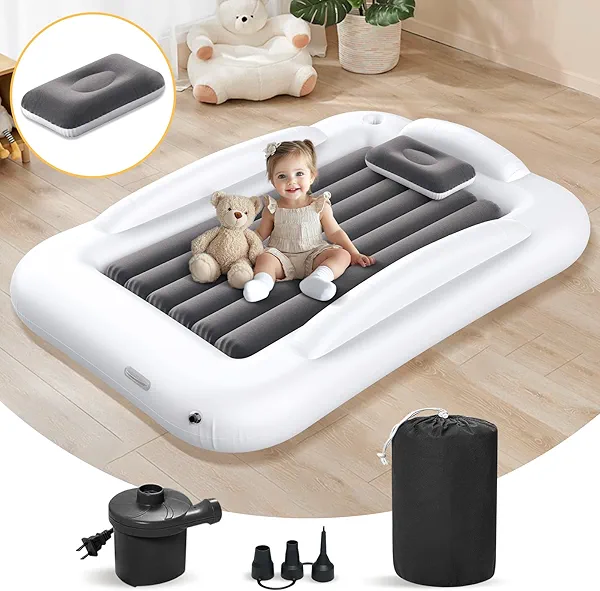 Abdtech Inflatable Kids Travel Bed - Portable Comfortable Air Mattress with 3 Sides Safety Bumpers - Blow Up Bed for Camping & Travel (53 Inches)