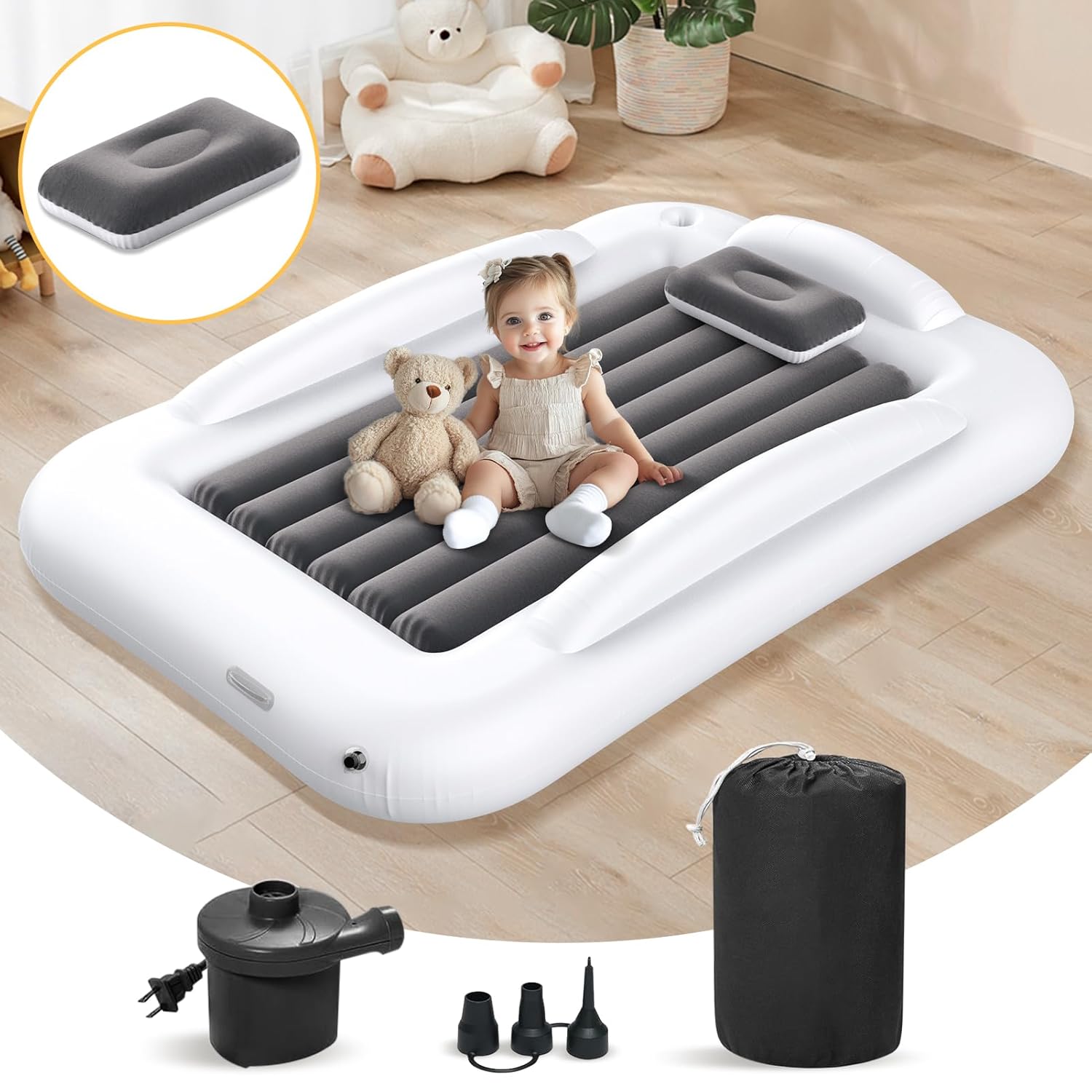 Inflatable Kids Travel Bed with 3 Sides Safety Bumpers