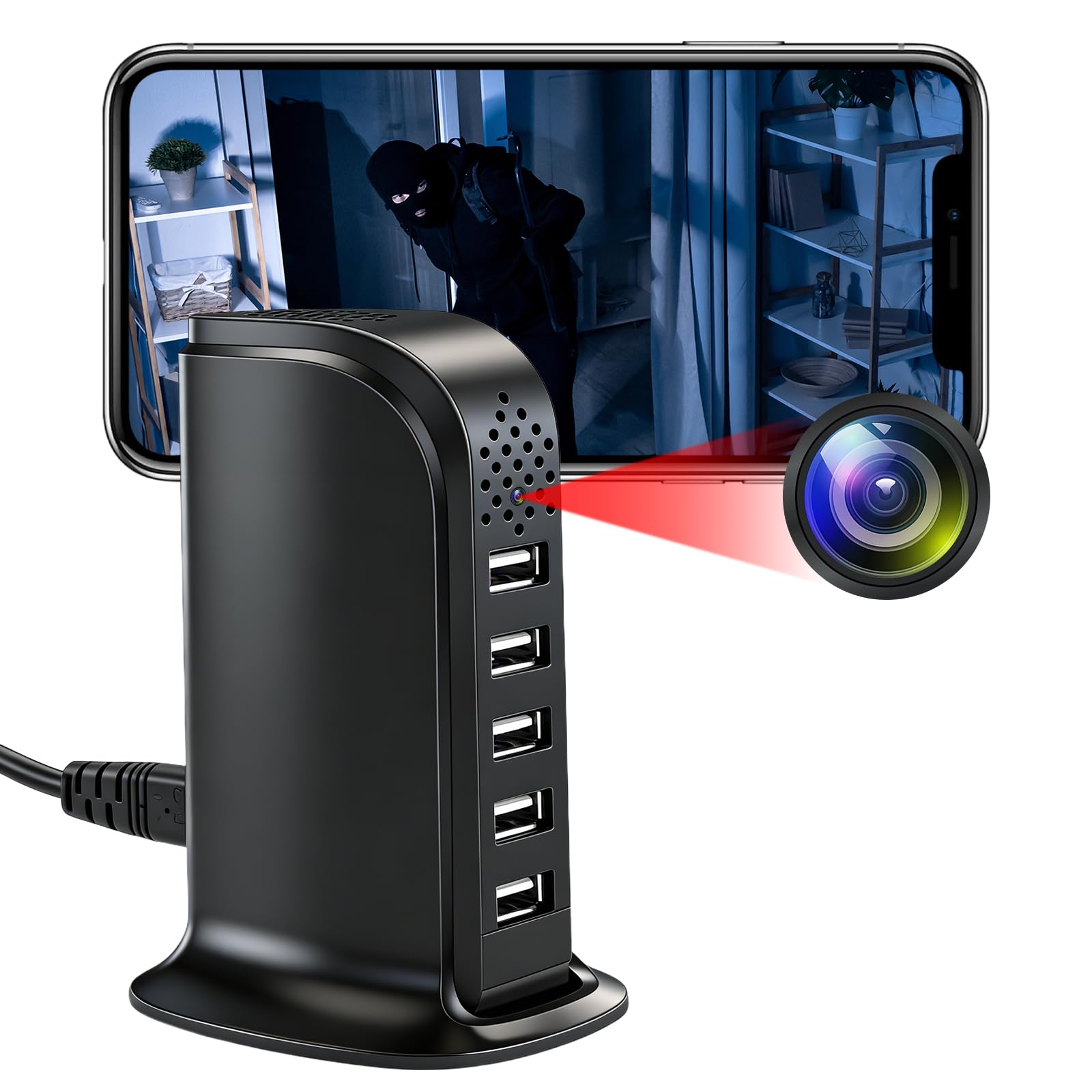 TANGMI Telecamera Spia WiFi, Hub di Ricarica 5-in-1 Mini Telecamera Spia Nascosta, WiFi 2.4G & 5Ghz 1080P HD con Rilevamento del Movimento e Avvisi Istantanei per Casa e Ufficio