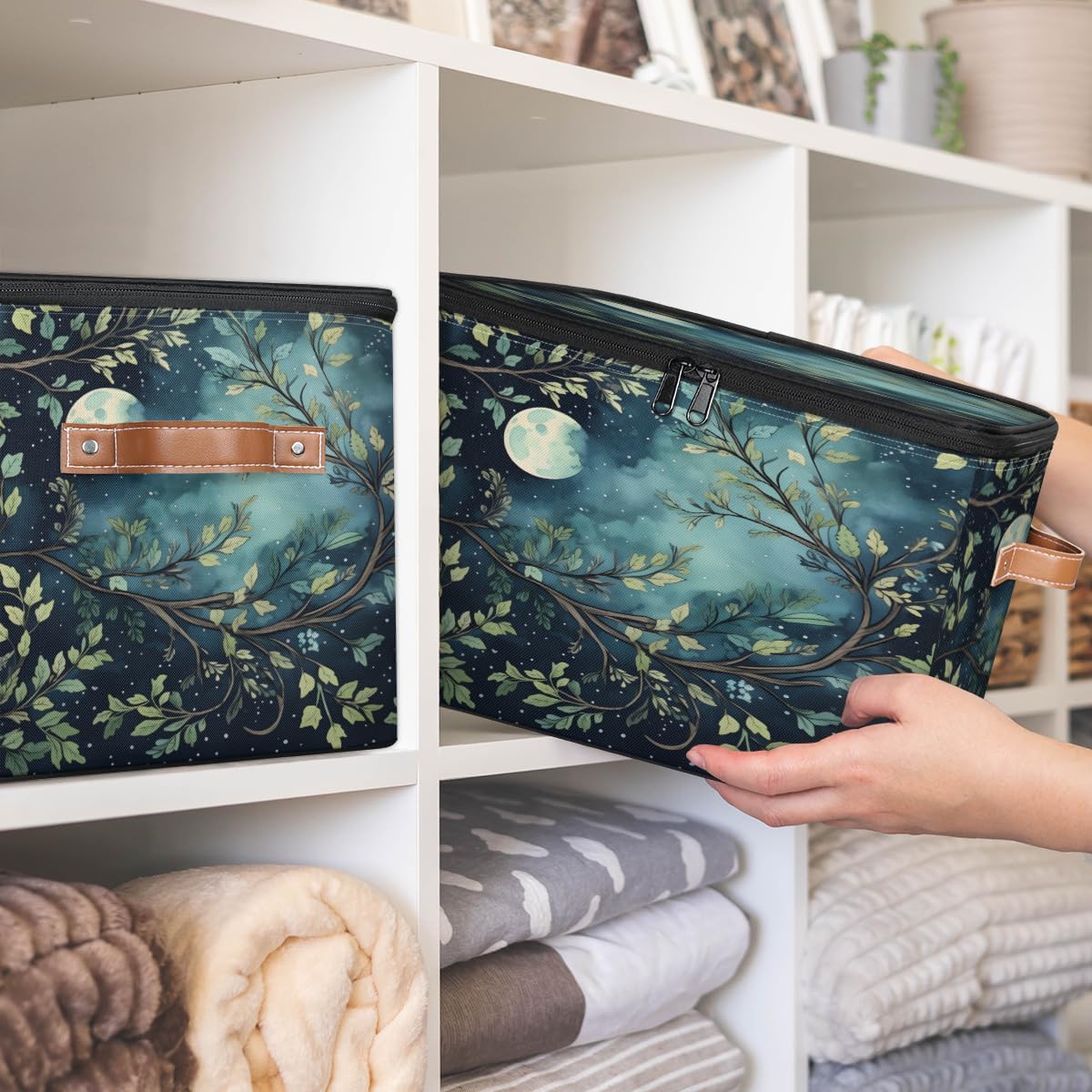 Storage Bin Set of 2 Moon Leaves Storage Basket with Zipper Lid & Handle Foldable Closet Shelf 2 Pack Cloth Organizer Basket Cube Bins Clothes Organizer for Bedroom, Nursery