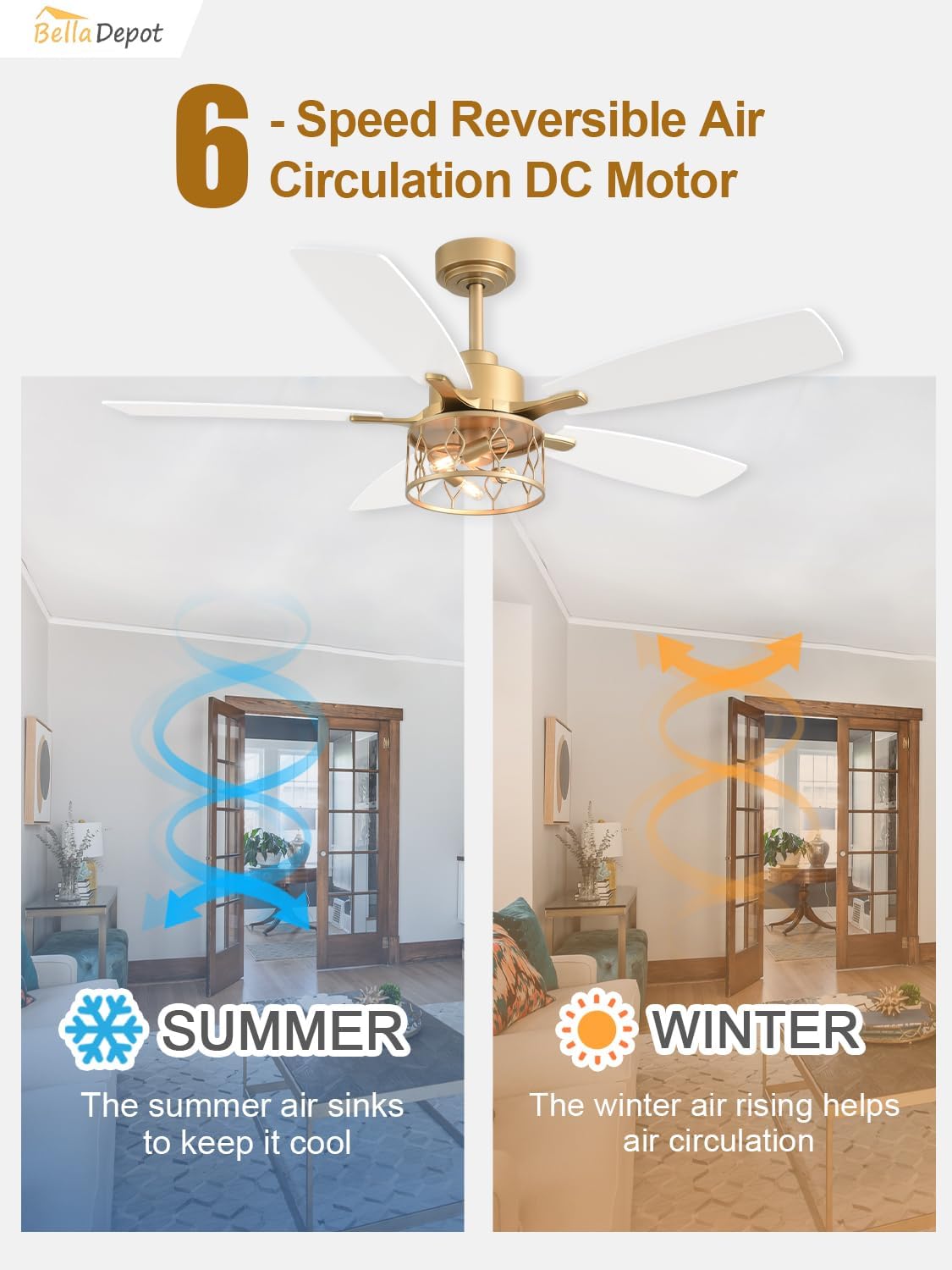 Bella Depot 52" Gold Ceiling Fan with Light, Caged Chandelier Fan with Light Remote, Farmhouse Rustic Indoor Fandelier with Silent Motor for Living Room Bedroom(Bulbs not Included) (Gold, 52")