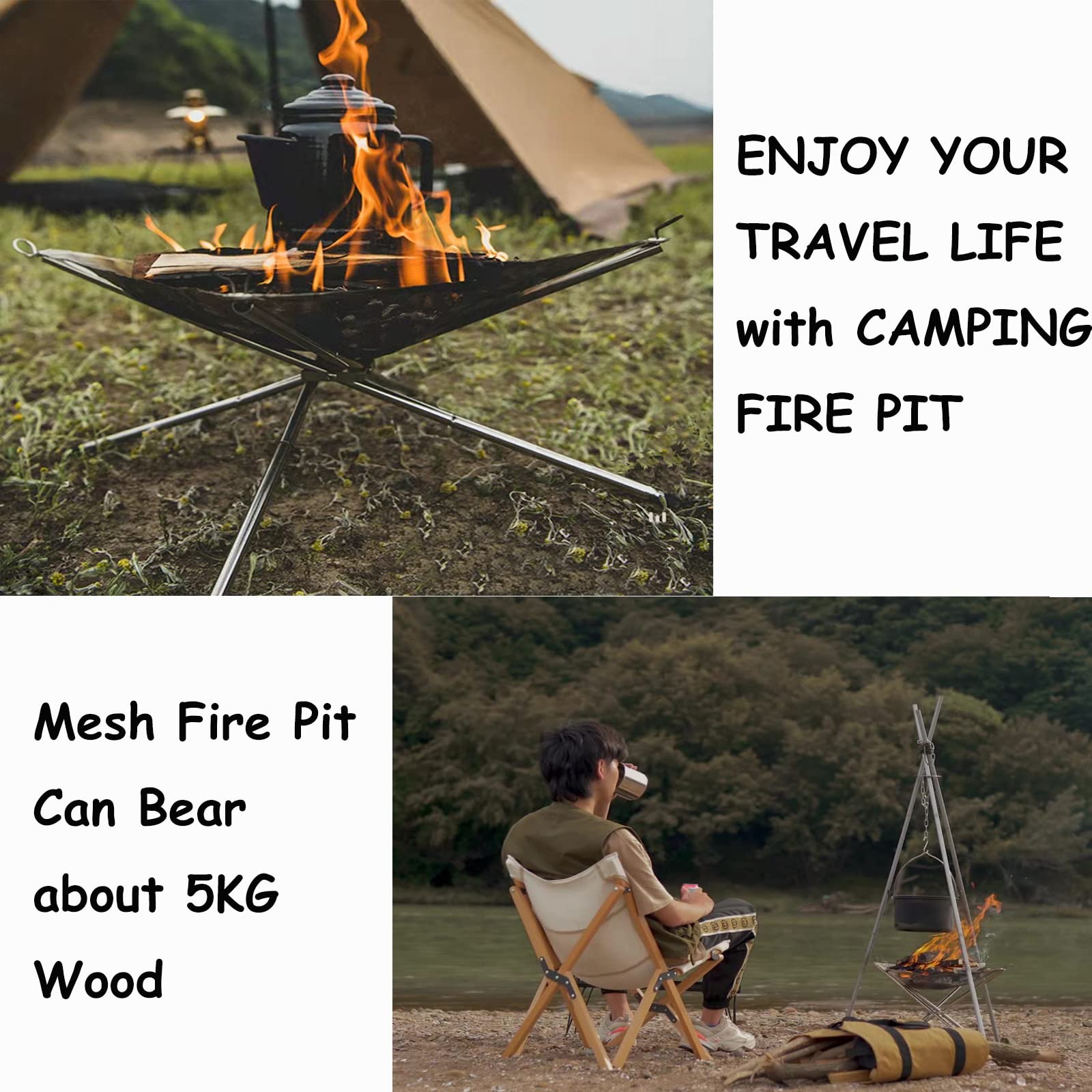 FIROW Bonfire Draagbare Vuurplaats - 58 Cm Roestvrij Staal - Rookarm Design - Met Standaard, Hoes, Grill En Poker - Voor Camping En Tuin