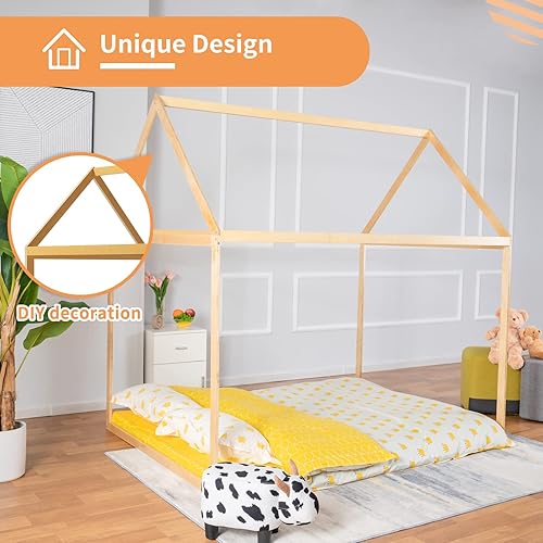 Miniatura 5 de linor Cama de casa individual con techo marco de cama de madera para niños marco de cama de piso de tamaño matrimonial marco de cama Montessori con