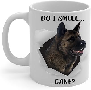 Funny Curious Sable Great Japanese Dog Coffee Mug 11oz White - Do I Smell Cake Ceramic Cup - Novelty Gifts for Akita Dog Lovers