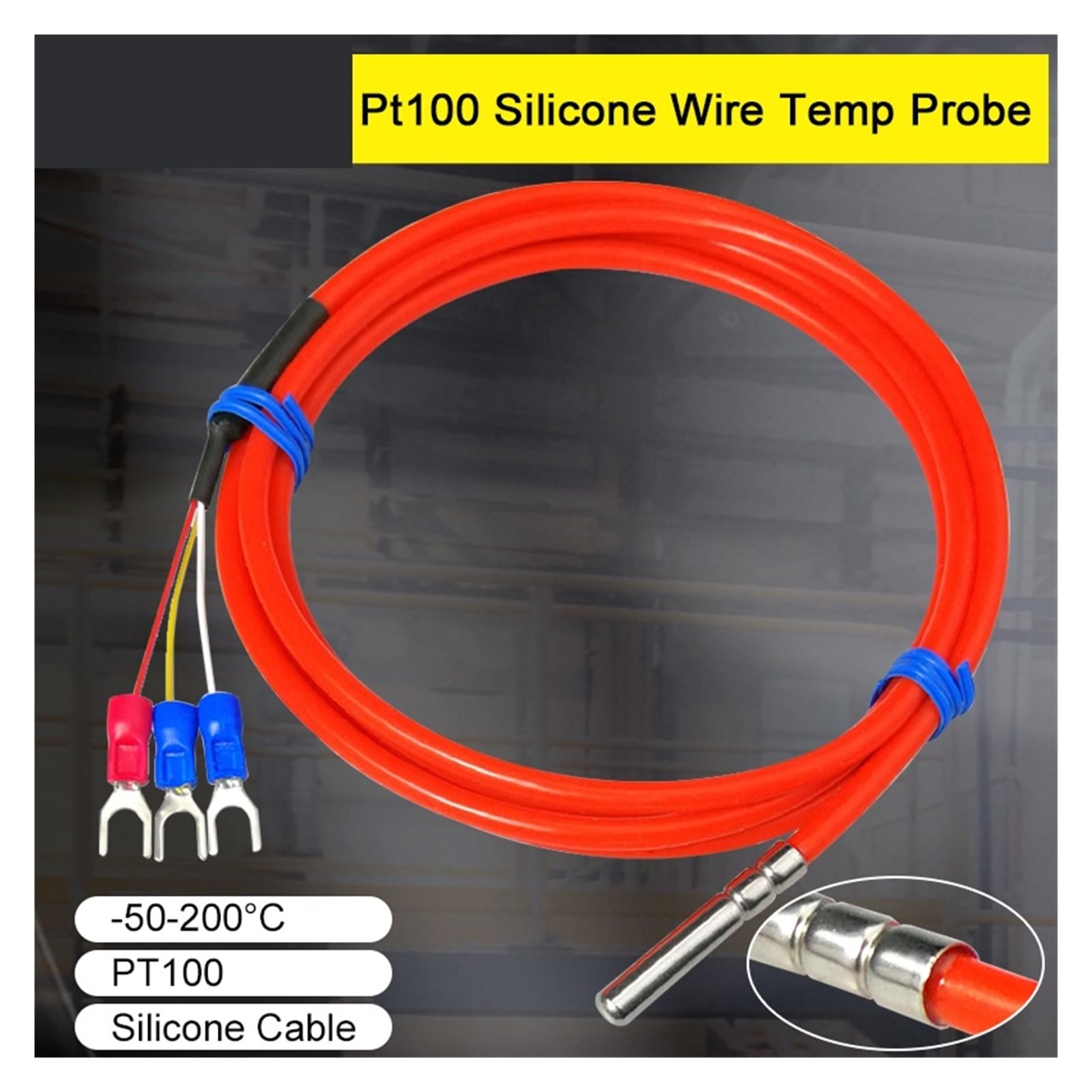 Sensor de Temperatura, Sensor PT100, sonda Cable Silicona, RTD Industrial Resistente al Calor y Aceite Acero Inoxidable(4 M)