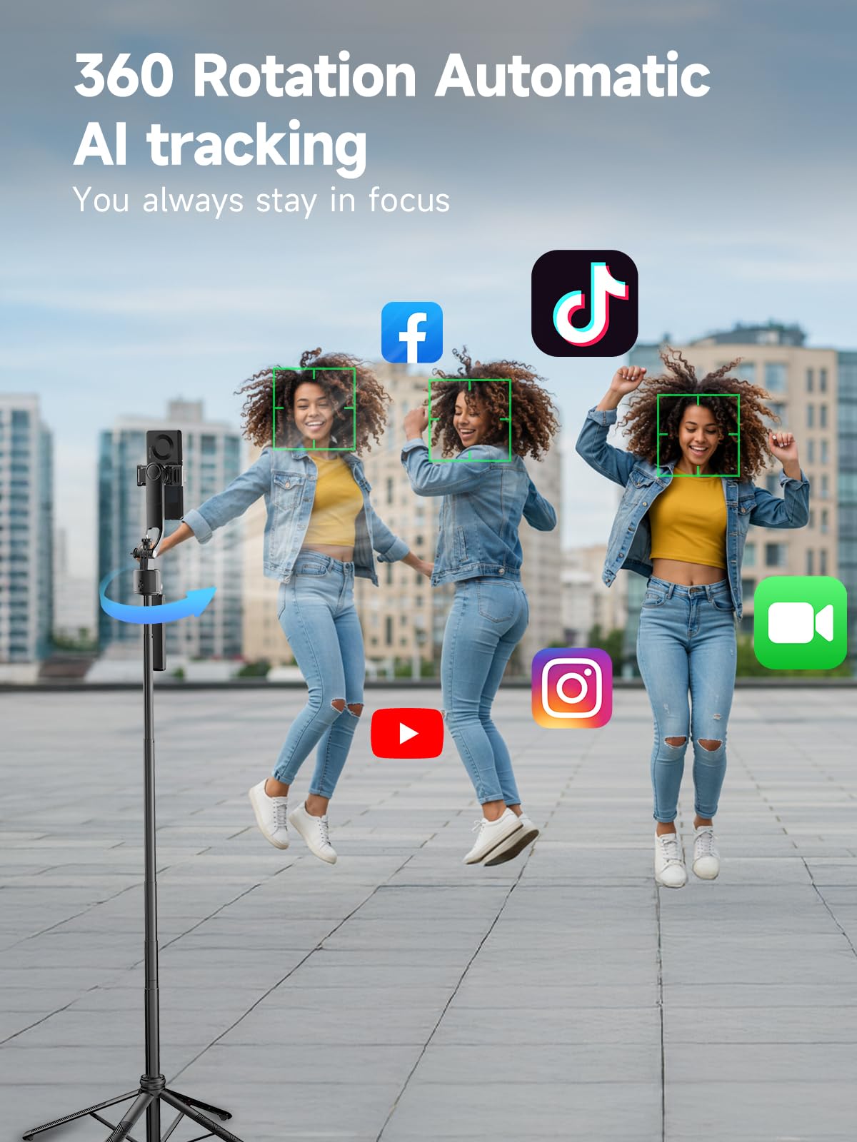 Rollei Easy Creator Quadpod z AI Tracking 360, automatyczne śledzenie twarzy, kijek do selfie z pilotem zdalnego sterowania do filmowania, do Tiktok Live Streaming Vlog, statyw do telefonu komórkowego