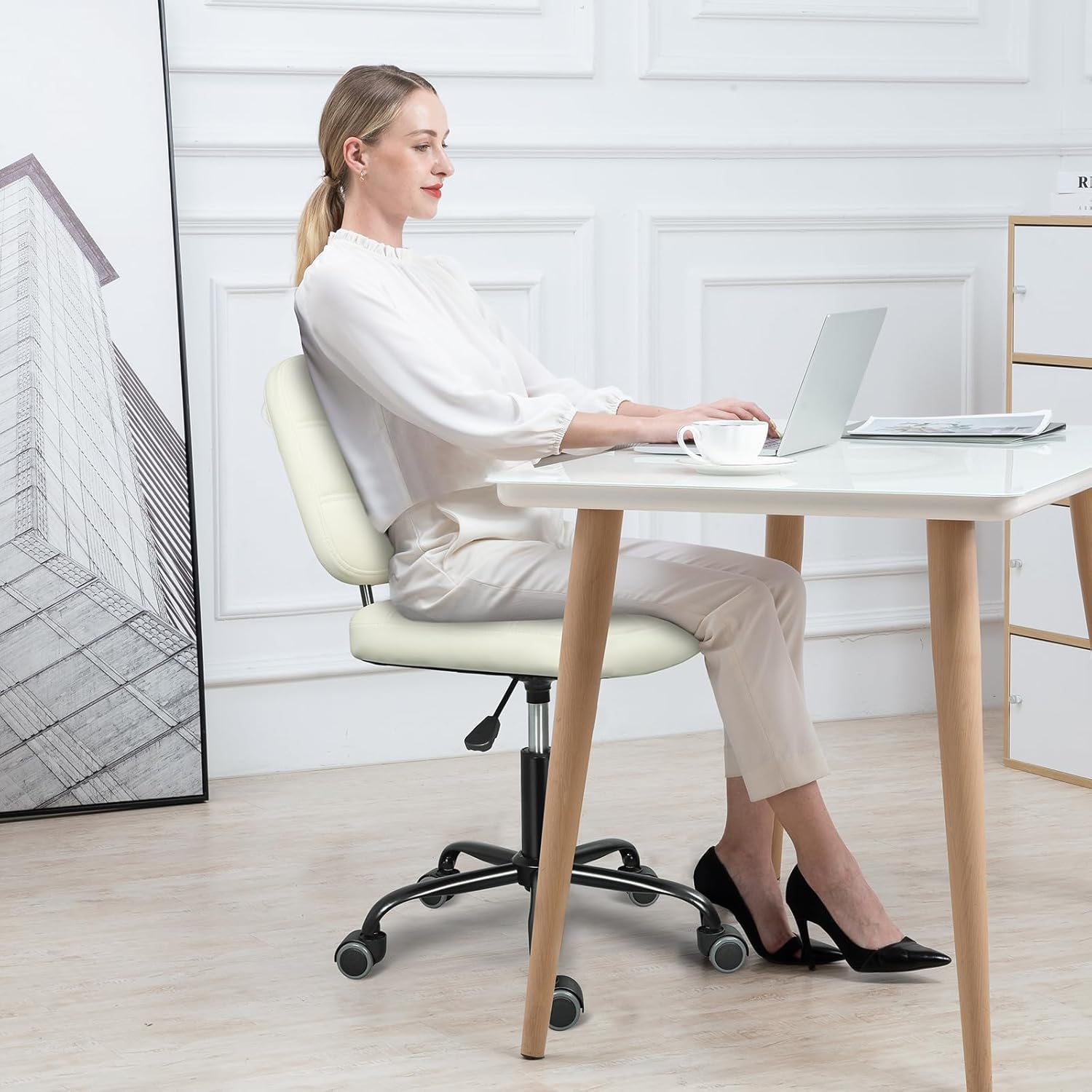 armless home office desk chair with wheels, modern ergonomic drafting rolling chair with 360° swivel wheels,height adjustable computer task chairs for small space, white