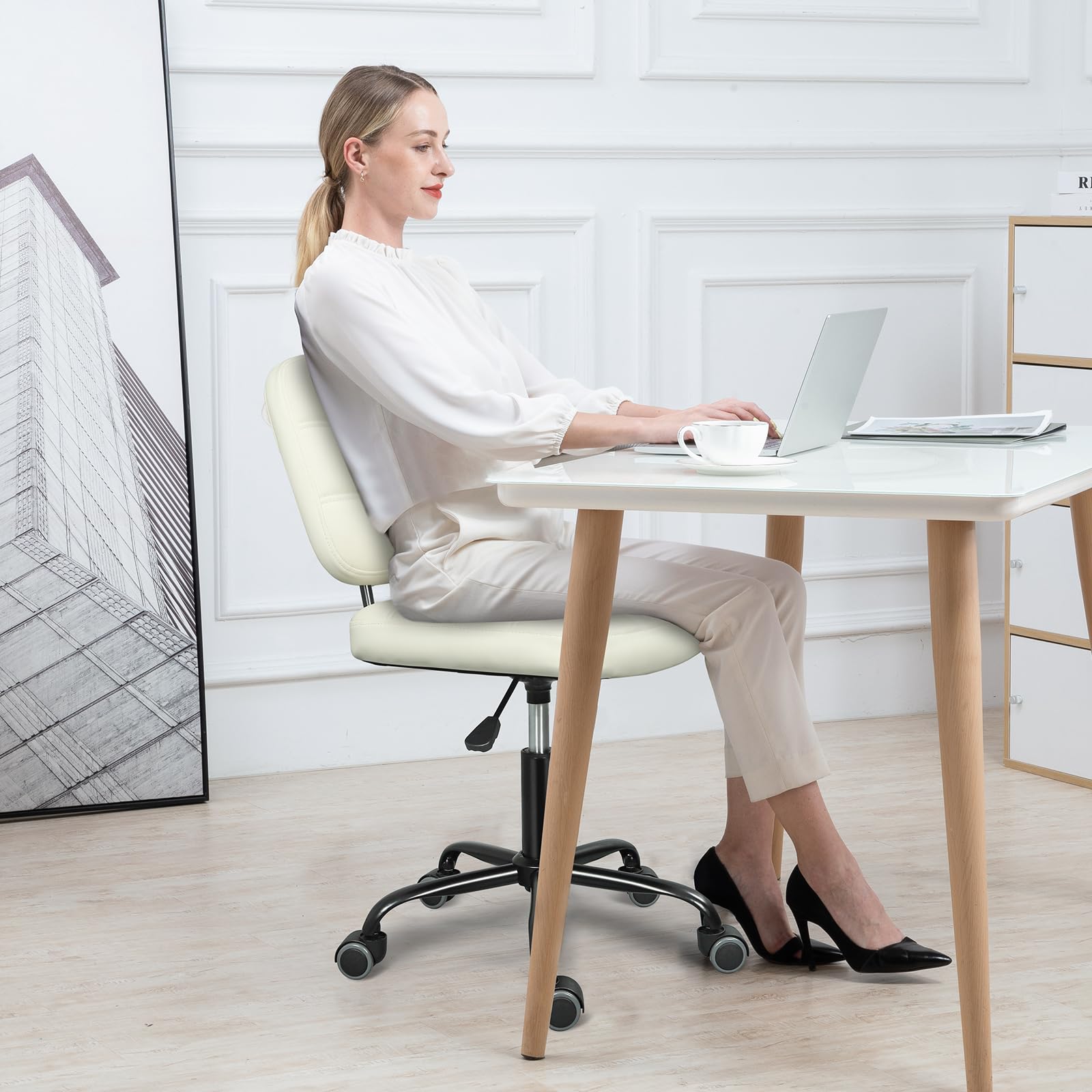 Lederen Home Office-stoel, 360° draaibaar, ergonomische computer-werkstoel met wielen en armleuningen, comfortabele, in hoogte verstelbare make-upstoel, bureaustoel