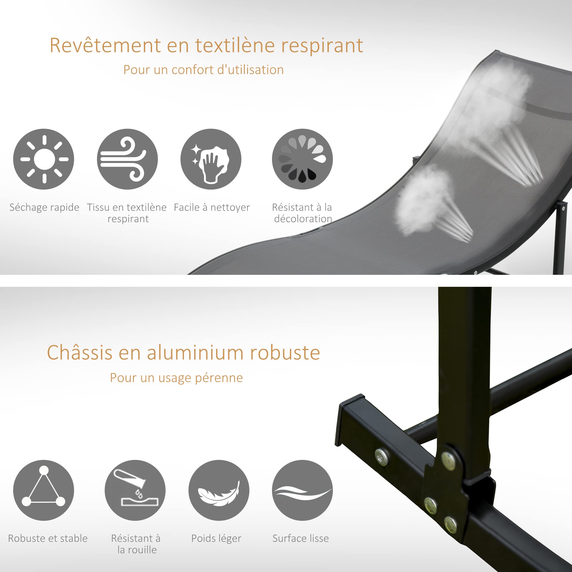 Outsunny Lot de 2 Bains de Soleil Pliables Chaise Longue 120 Kg Anthracite | Jardin Extérieur, Aluminium et Textilène, Transat Jardin Extérieur, pour Patio Terrasse Plage