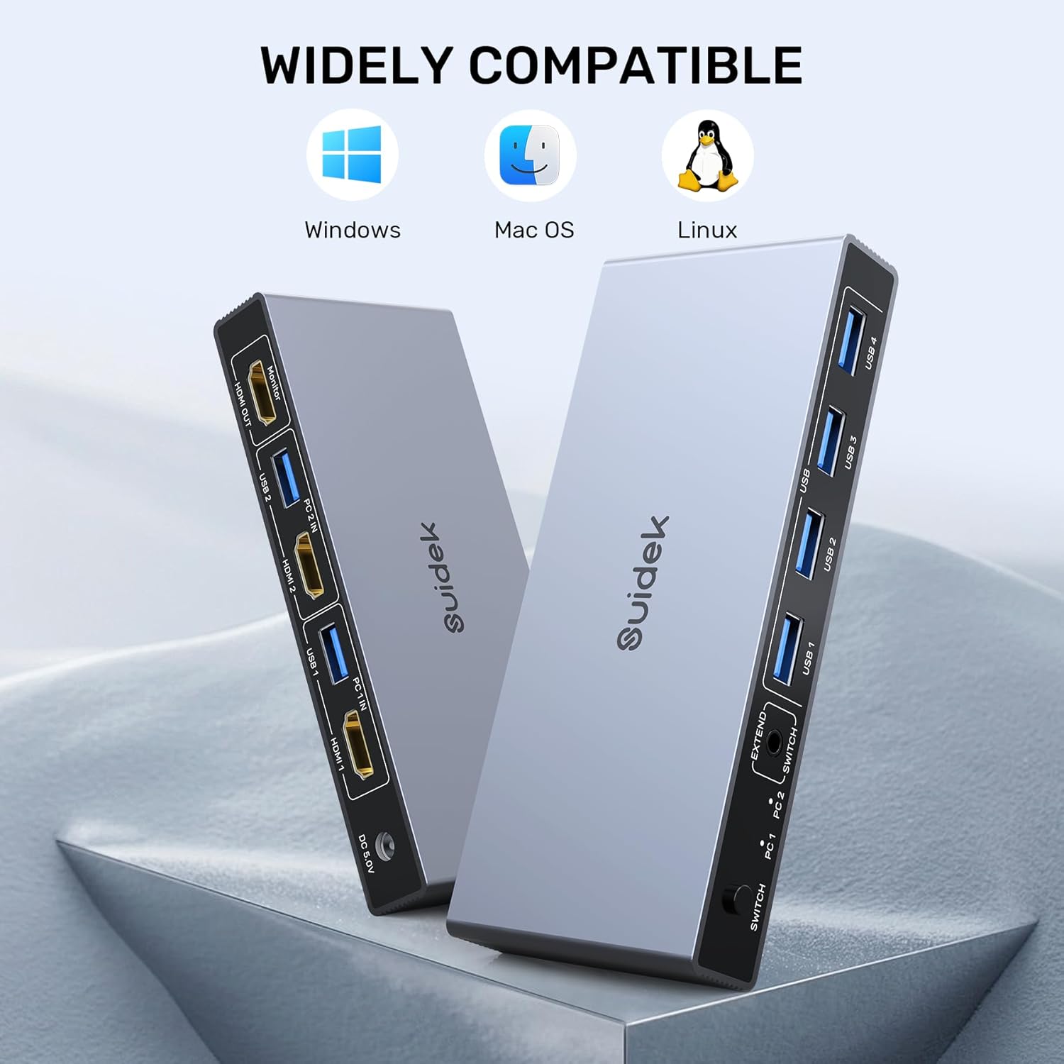 HDMI KVM Switch 1 Monitor 2 Computers, 4K@60Hz USB 3.0 KVM Switcher with 4 USB Ports for 2 Computers Share Keyboard Mouse Printer, Include Desktop Controller, 2 USB Cables and Power Adapter