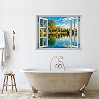 Vista 1 de wall26 Adhesivo de pared extraíble/mural de pared, vista de ventana, rústico, cielo nublado, árbol, lago, reflejo de naturaleza, desierto