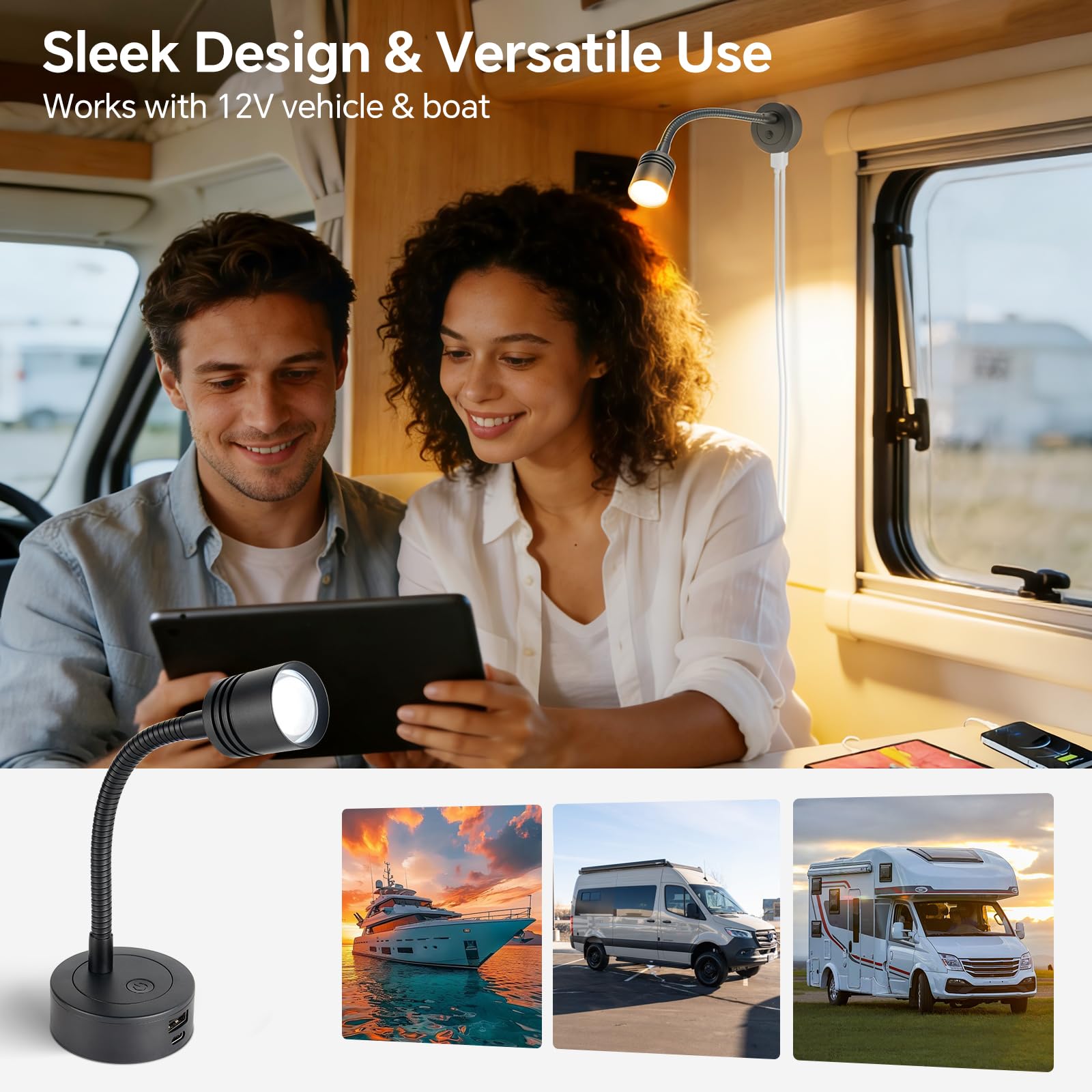 2 x Lampe de Lecture 12V LED Spot 3200K (Dimmable) et Veilleuse Rouge Douce, Équipé de Ports USB-A et USB-C, Flexible Col de Cygne Applique pour Camping-Car Bateau Caravane Voiture (Noir)