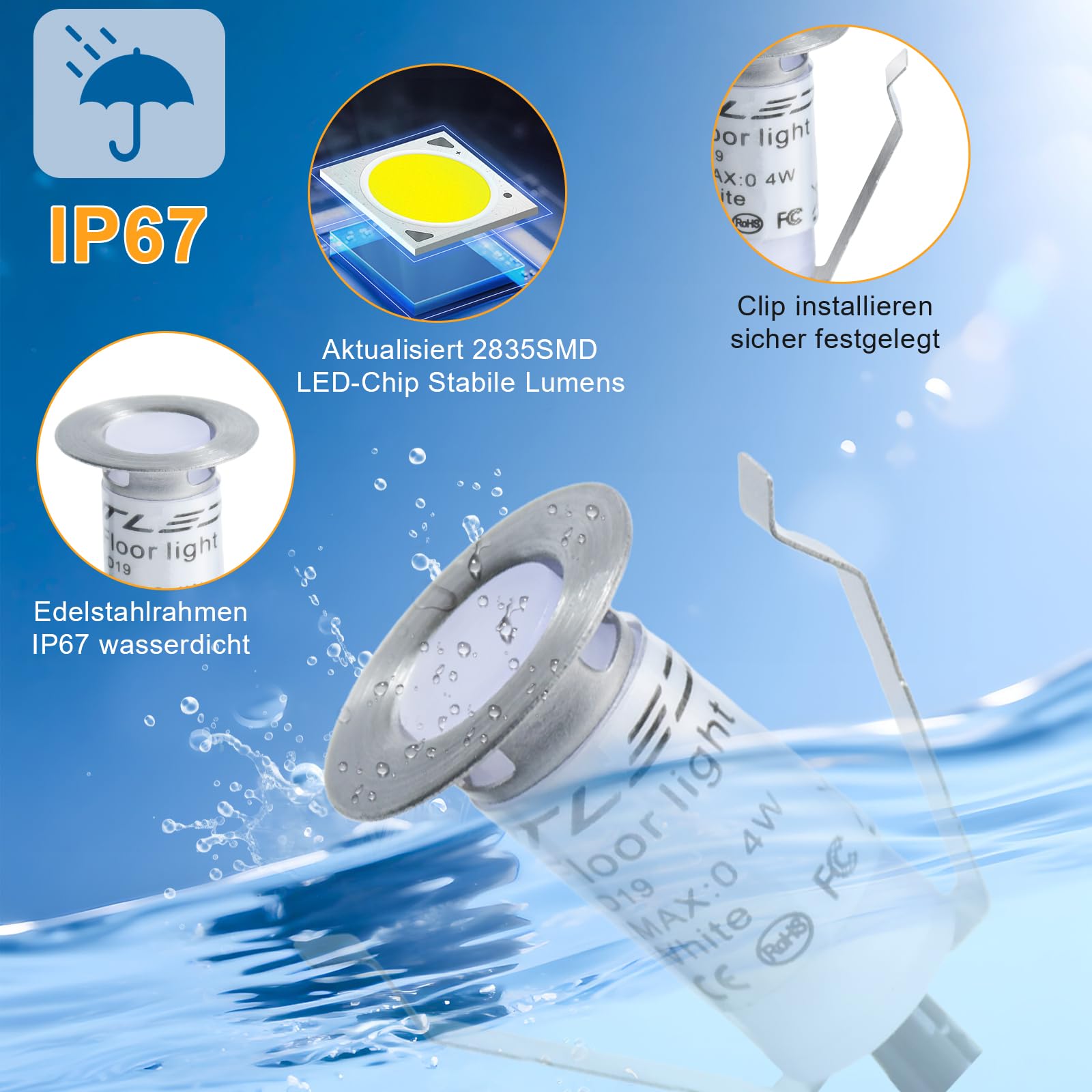 20er mini Bodeneinbaustrahler Set DC12V Ø19mm 0.4W LED Einbaustrahler IP67 Wasserdicht Einbauleuchten Außen Terrasse Küche Garten Led Lampe