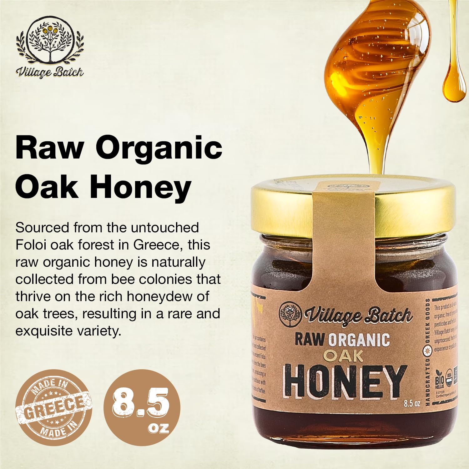 Village Batch Raw Organic Oak Honey 8.5oz Jar (Pack of 1) from Foloi Oak Forest, Dark Amber, Rich Caramel and Toffee Notes, Unfiltered and Unpasteurized Greek-Honey