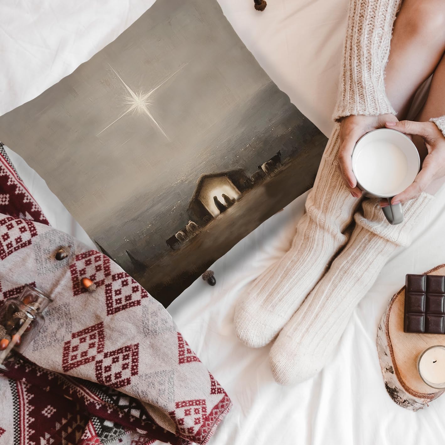 Christian Nativity Scene Pillow Cover 18x18 Double-Sided, Christian Nursery Decor, Vintage Baby Jesus Holy Night Star Decorative Throw Pillow Cover for Nursery Home Church Prayer Room