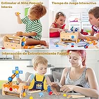 Vista 7 de TONZE Juego de herramientas para niños con delantal, caja de banco de herramientas de madera para niños pequeños, juguetes Montessori para niños