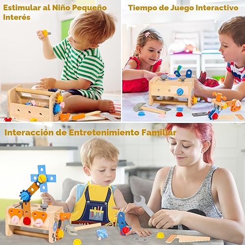 Miniatura 7 de TONZE Juego de herramientas para niños con delantal, banco de herramientas de madera para niños pequeños, juguetes Montessori para niños de 2 a 5