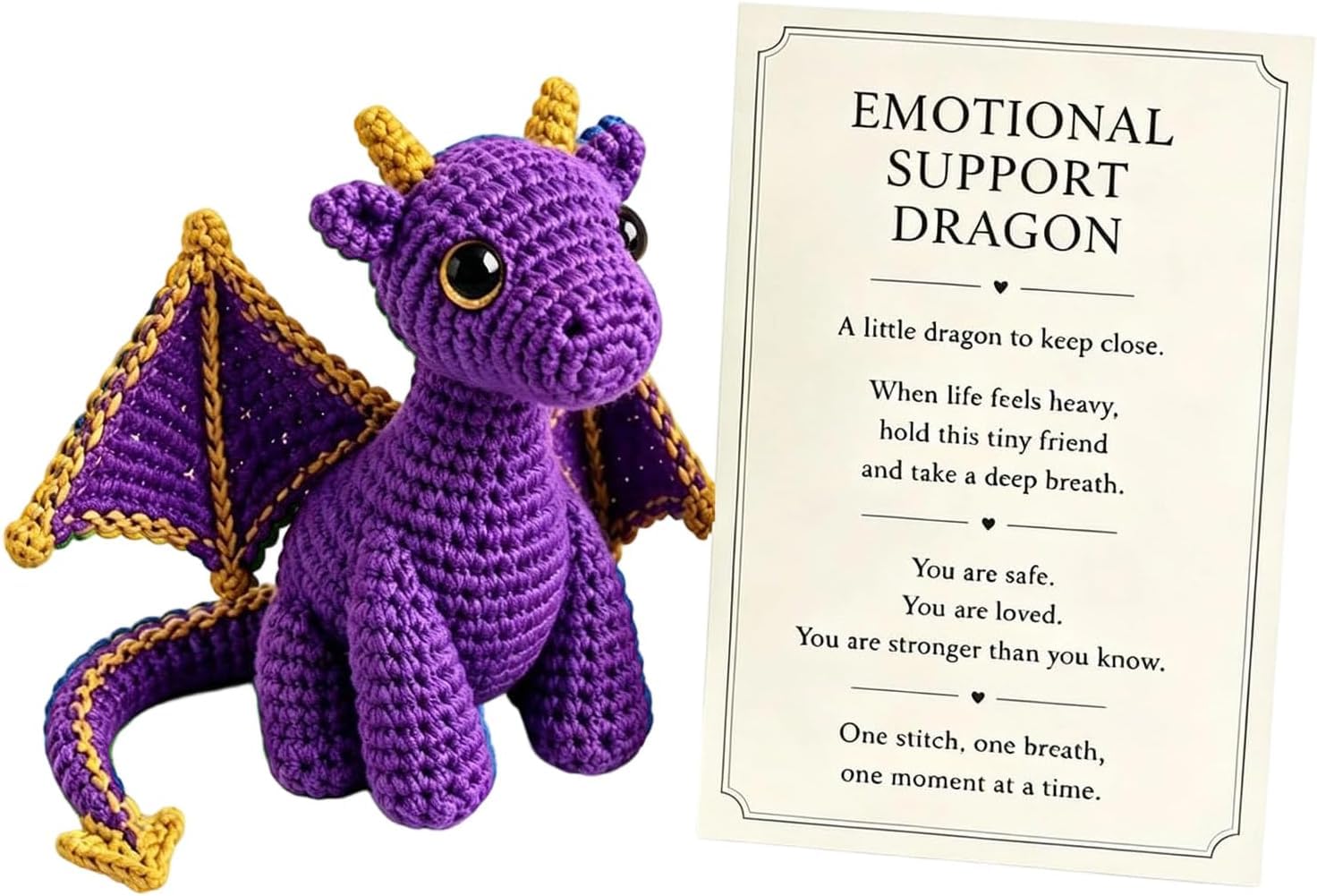 Emotional Support Dragon Pocket Buddy, Handmade Knitted Dragon Toy (Purple)