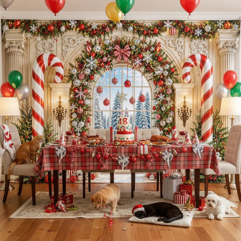 Arche enneigée Fenêtre Couronne de Noël Photographie Toile de fond Décoration de fête de Noël | Boîte cadeau en forme de sapin de neige pour Noël, hiver, vacances, famille, gâteau, table, photomaton, décoration 3 x 2,4 m